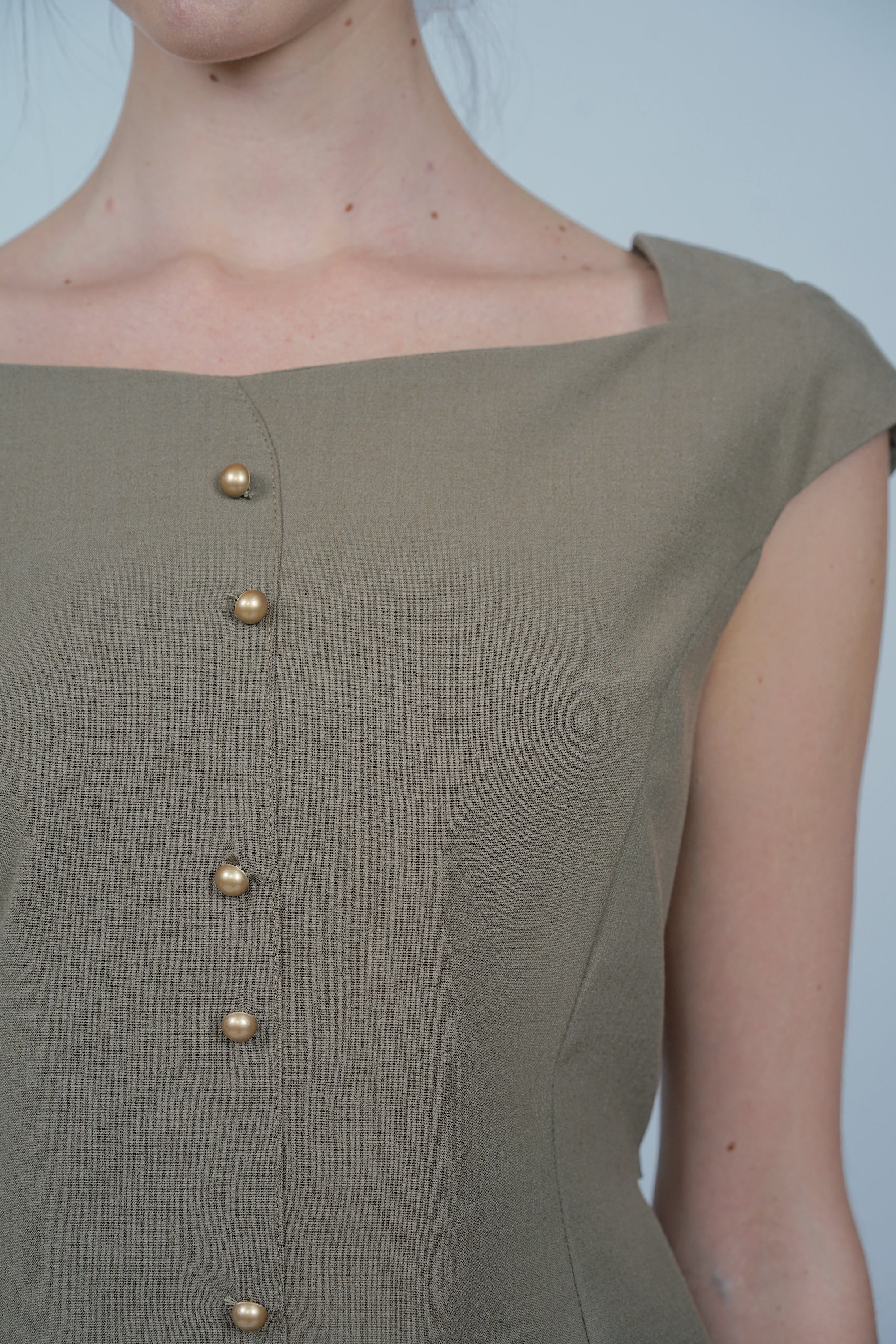 Square Neck Short Sleeve Top in Khaki