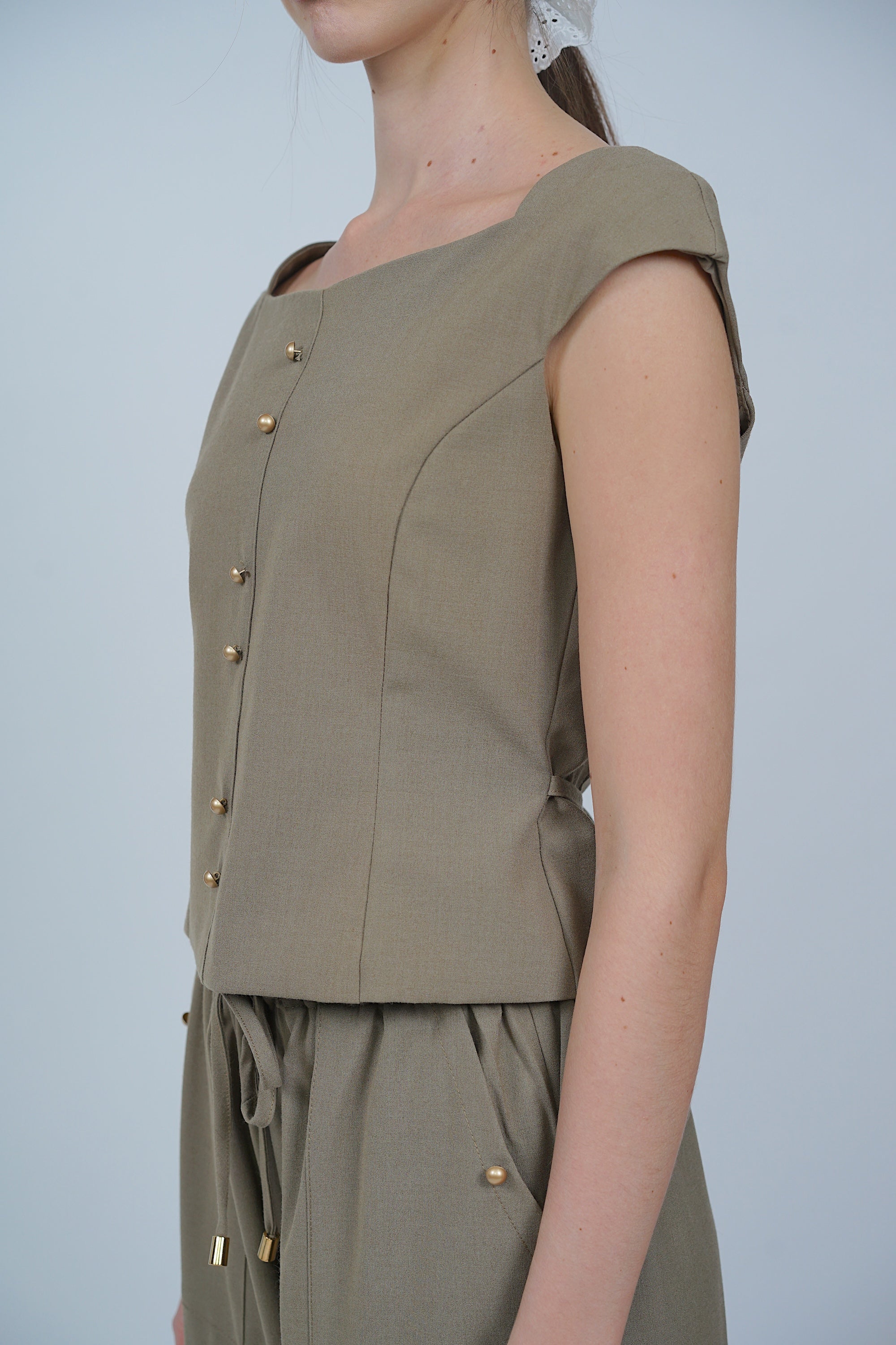 Square Neck Short Sleeve Top in Khaki