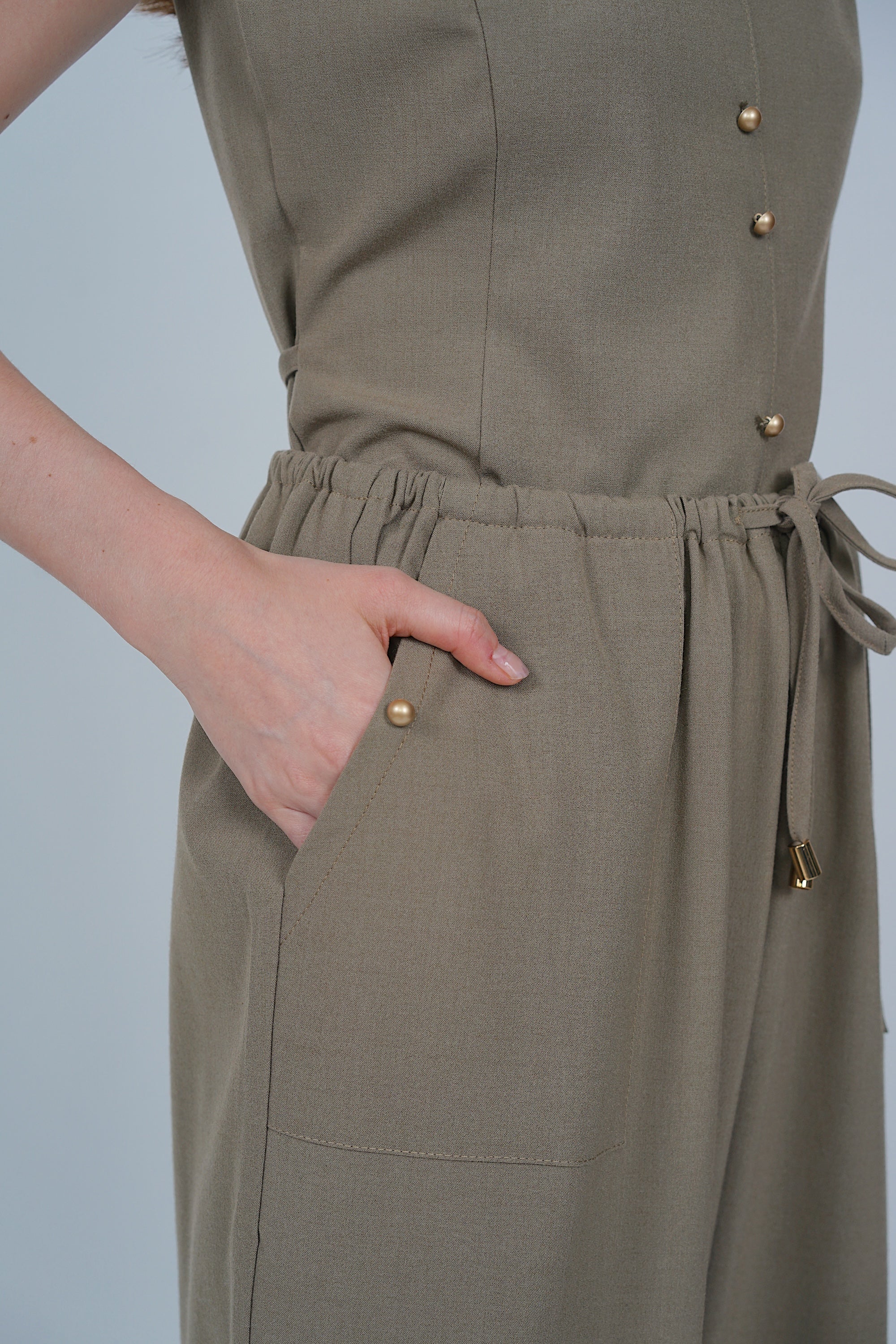 Drawstring Flare Hem Pants in Khaki