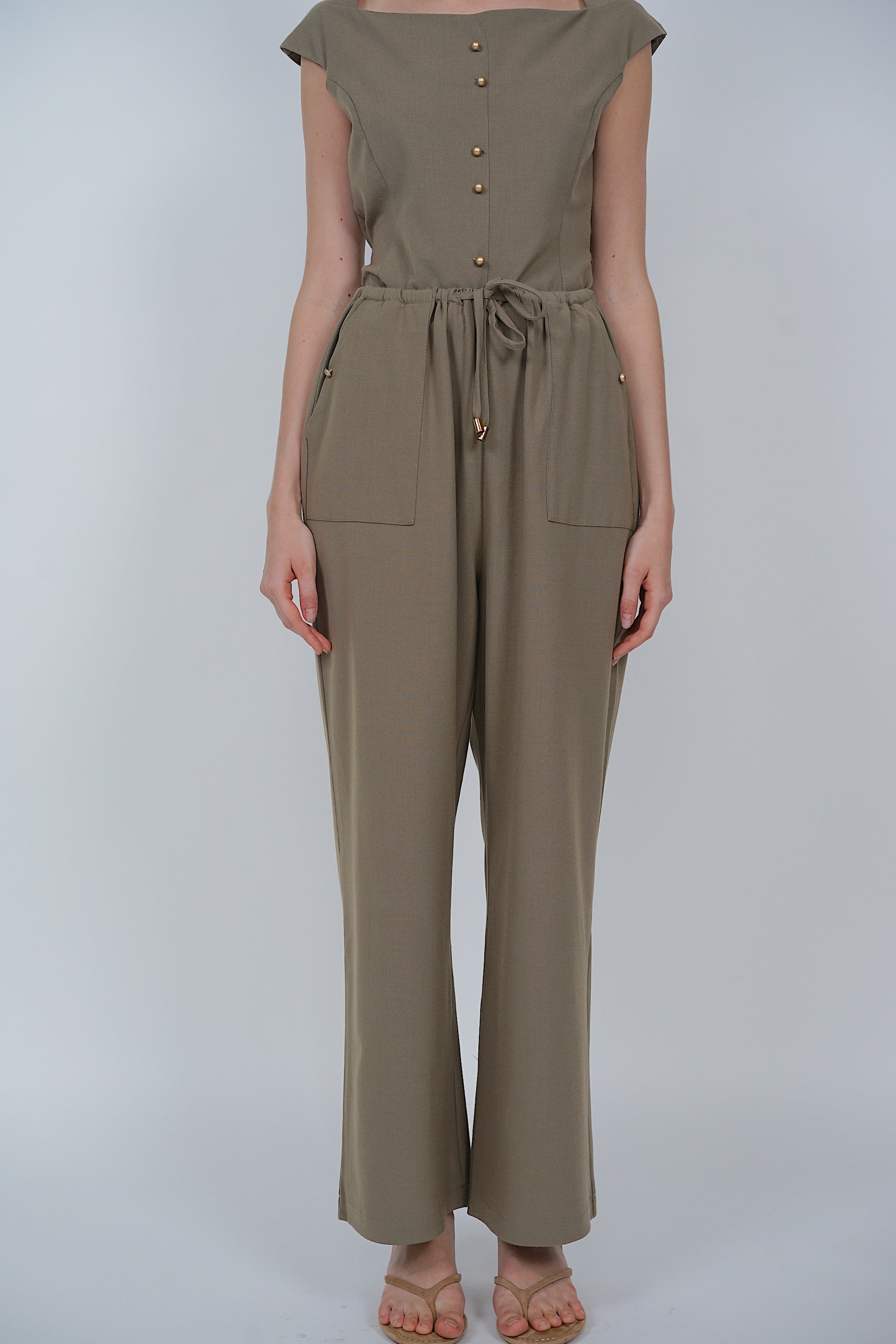 Drawstring Flare Hem Pants in Khaki