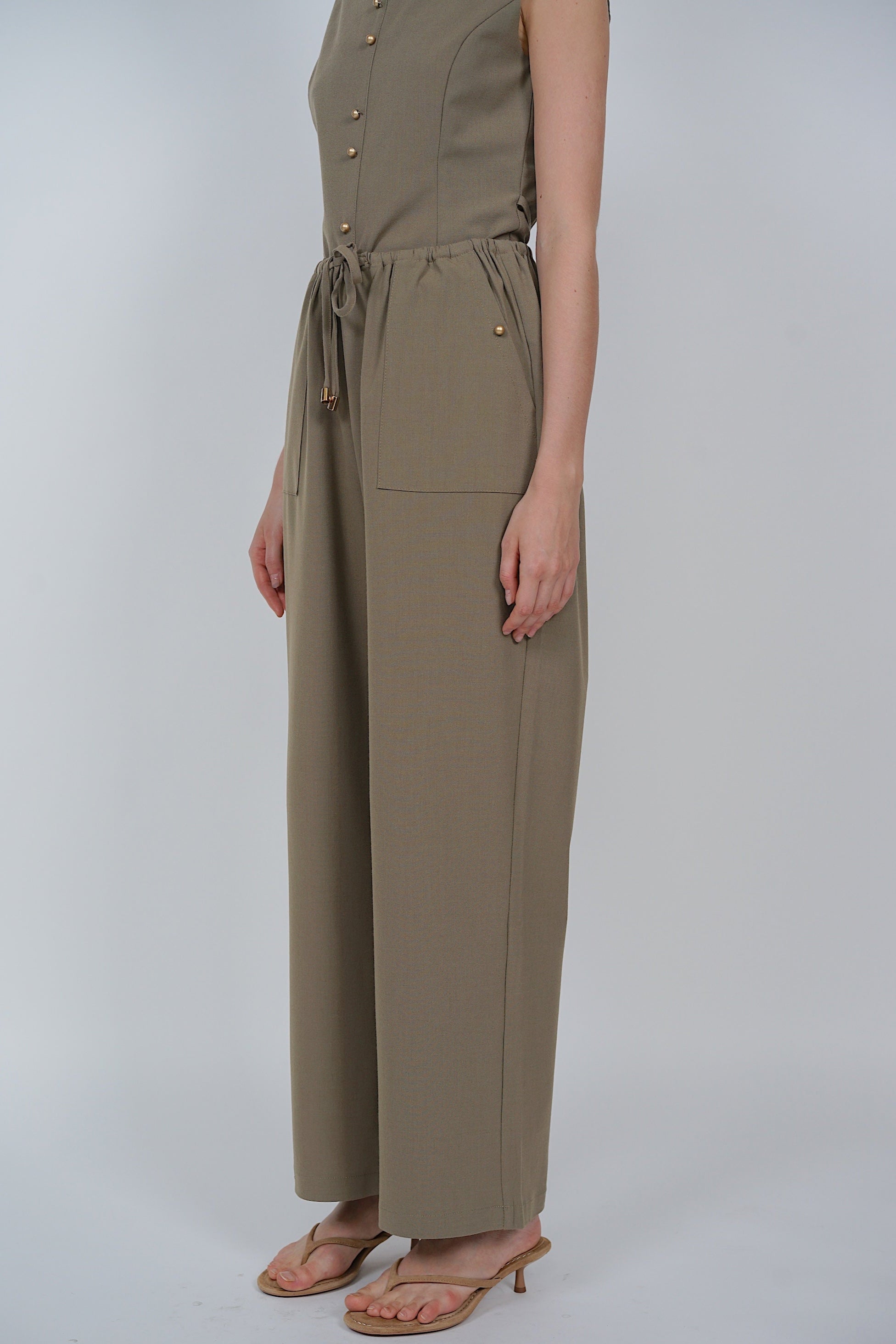 Drawstring Flare Hem Pants in Khaki