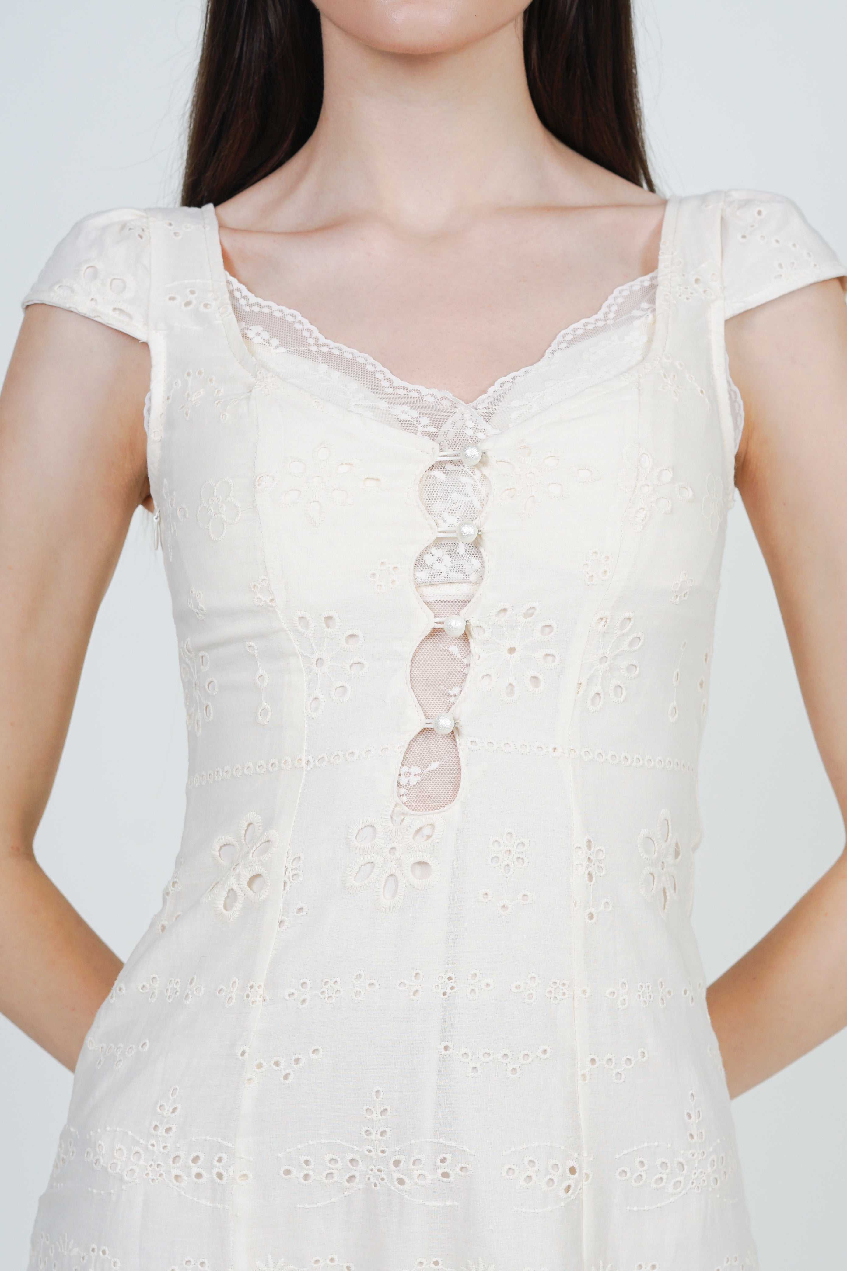 Crochet Lace A-line Long Dress in Cream White