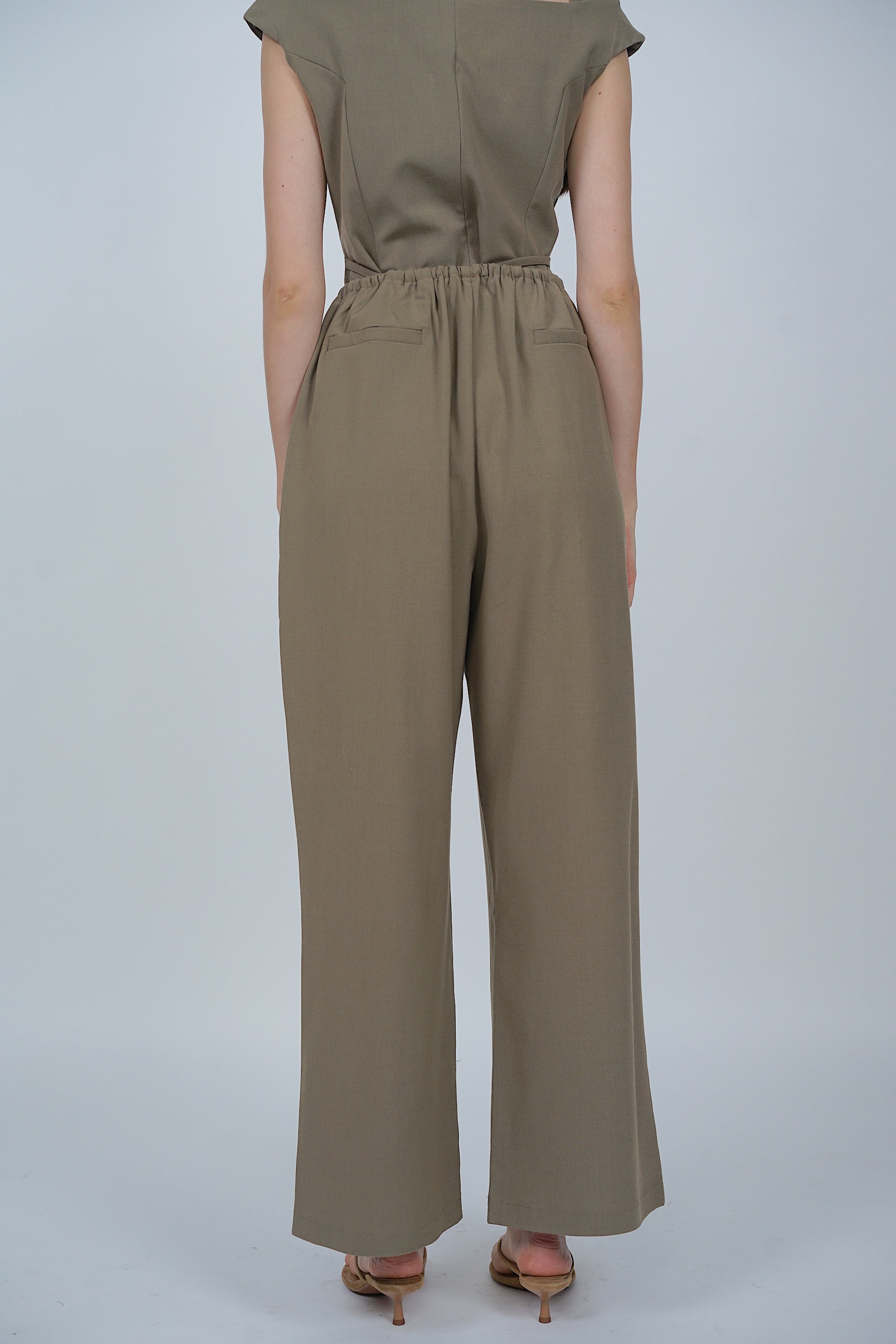 Drawstring Flare Hem Pants in Khaki