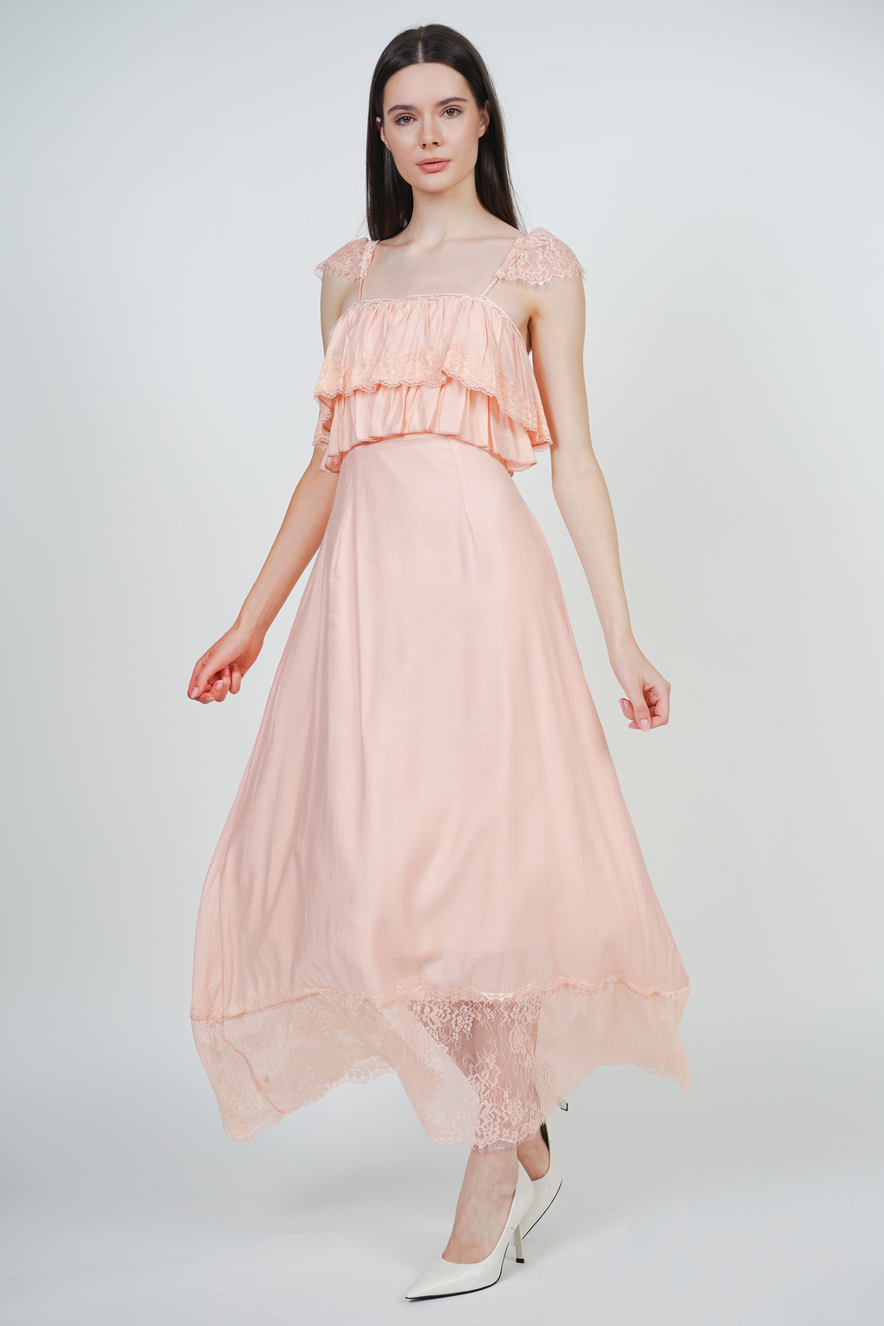 Tiered Ruffle A-line Lace Dress in Orange