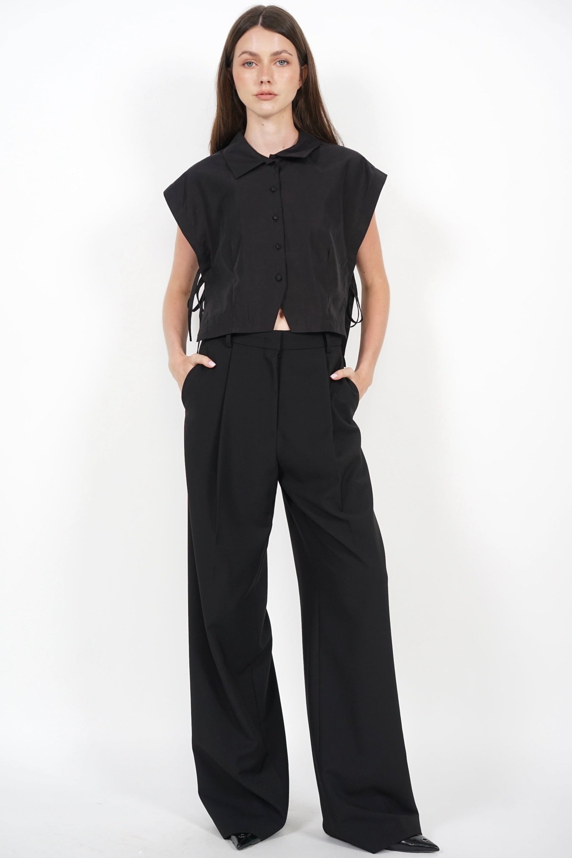 Side Tie Button Down Collar Top in Black