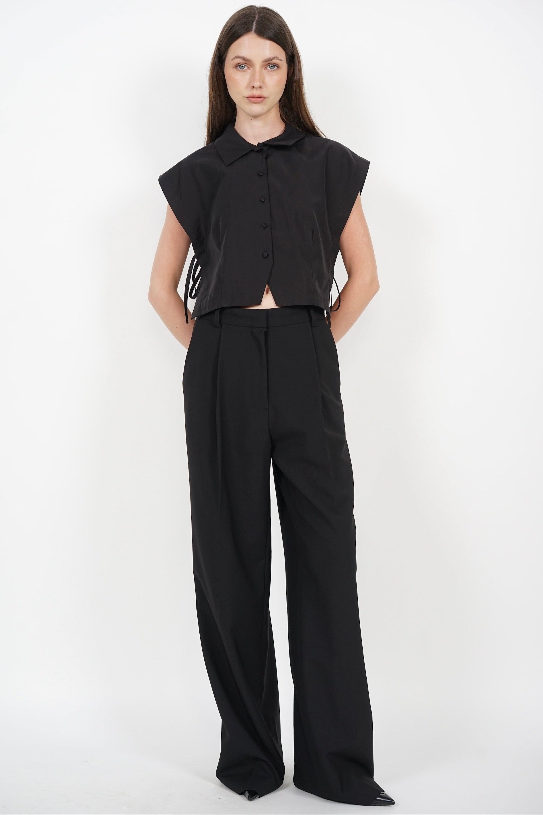 Side Tie Button Down Collar Top in Black
