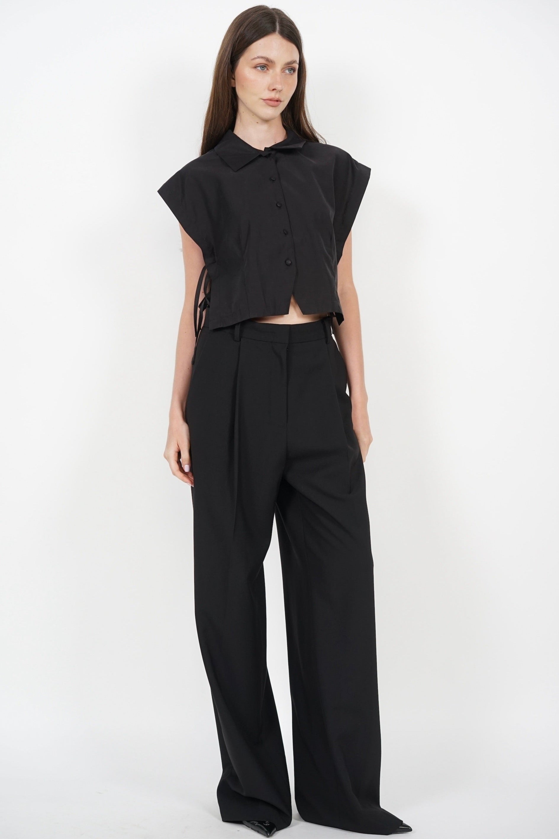 Side Tie Button Down Collar Top in Black