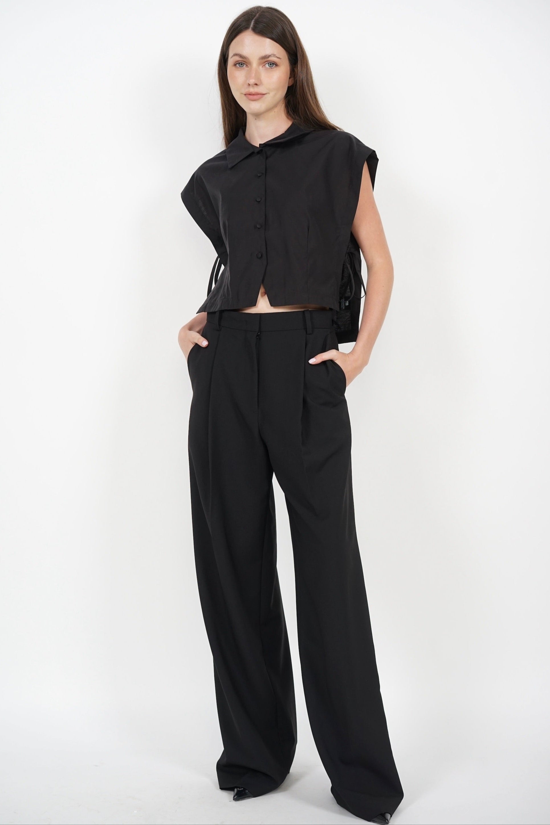 Side Tie Button Down Collar Top in Black
