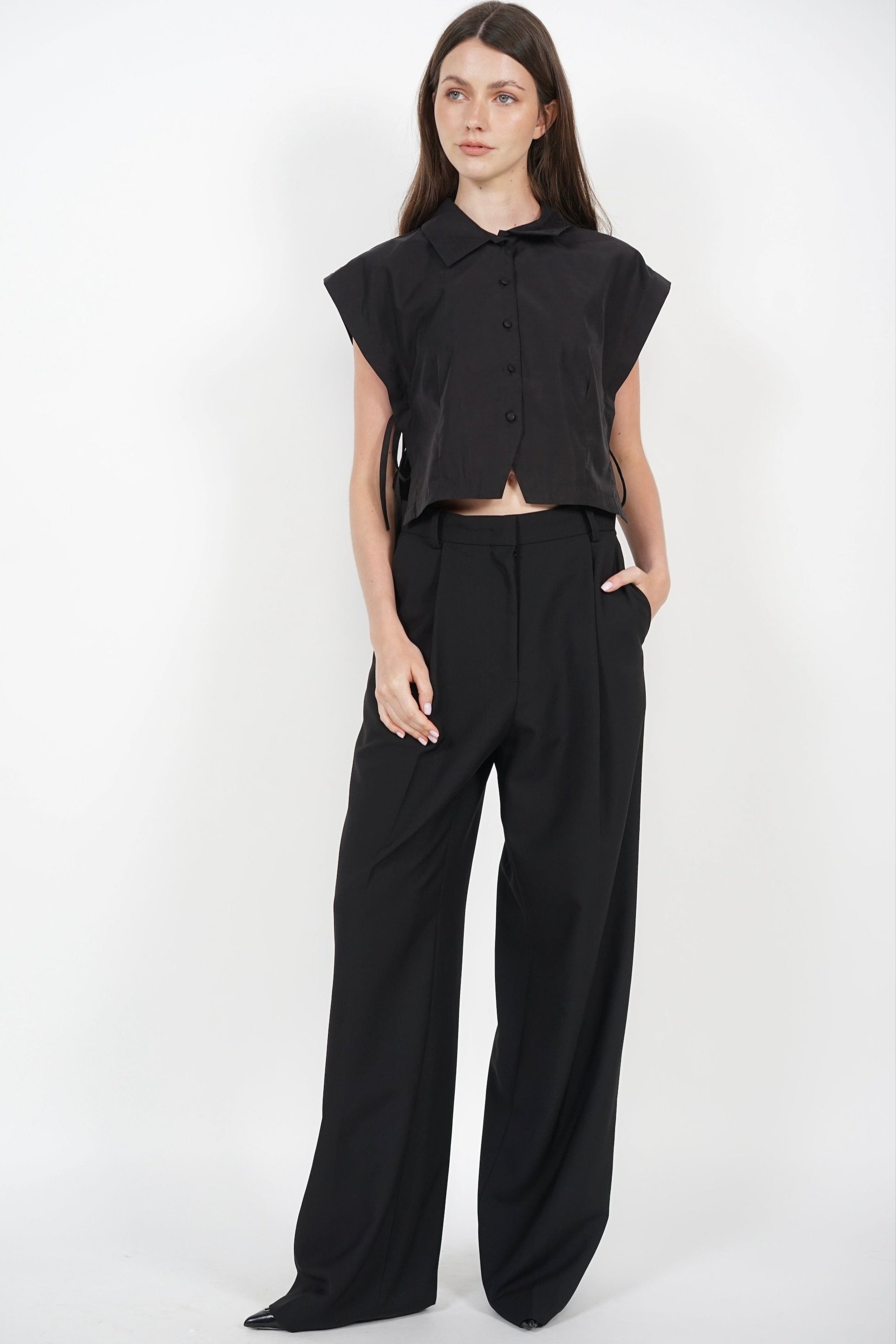 Side Tie Button Down Collar Top in Black