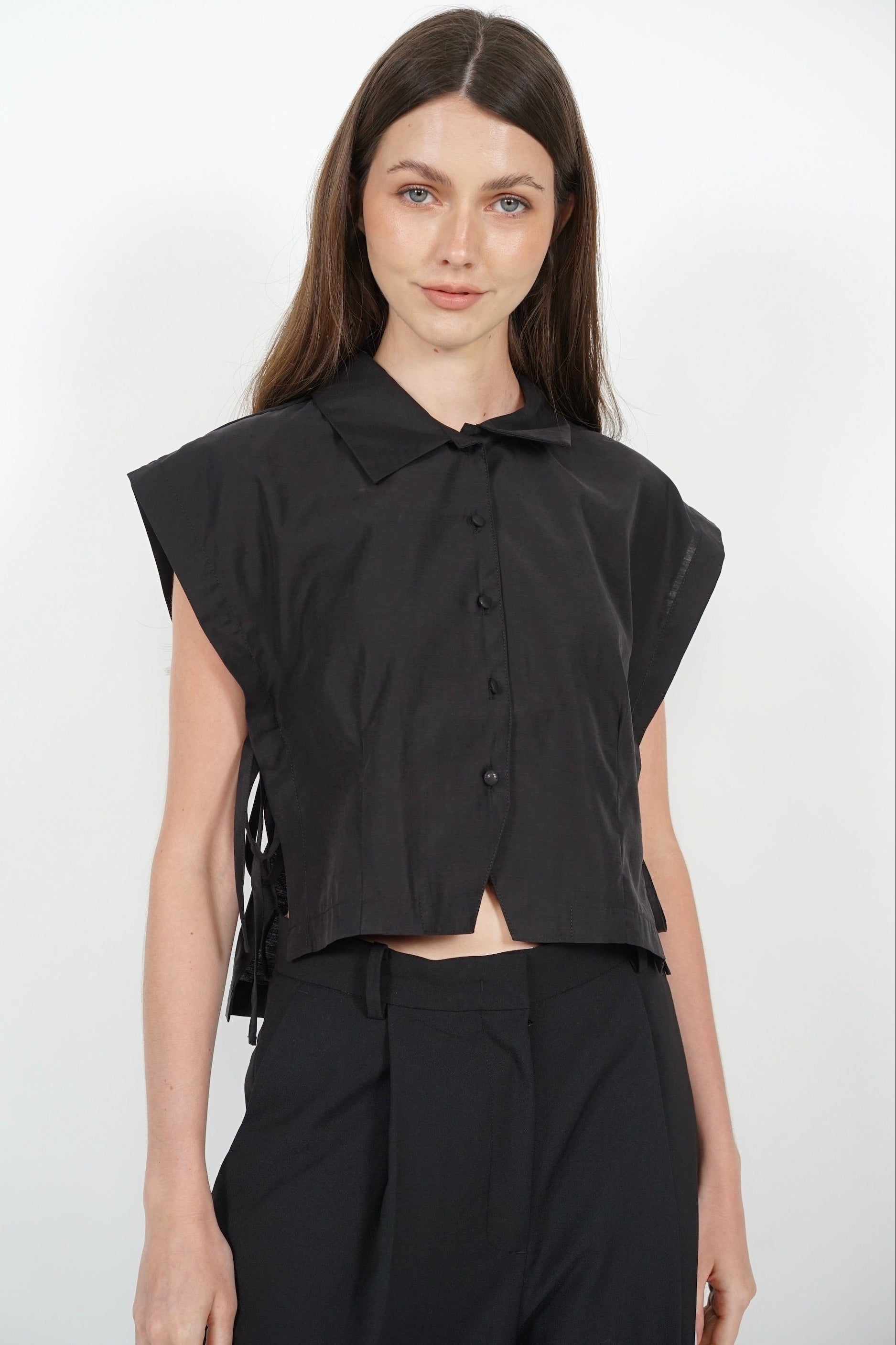 Side Tie Button Down Collar Top in Black