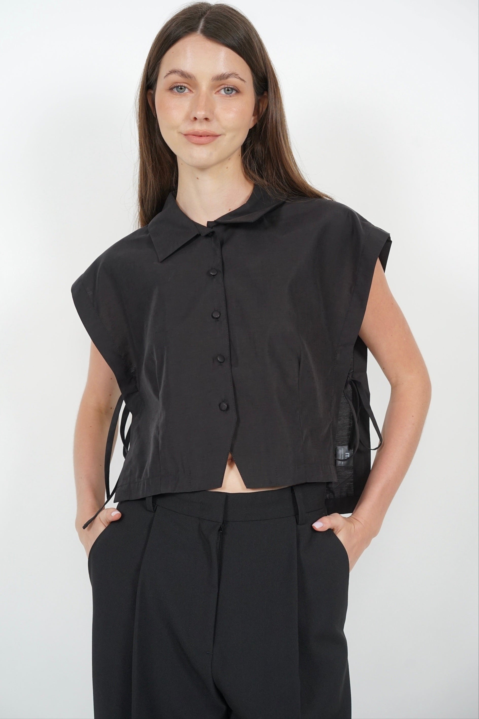 Side Tie Button Down Collar Top in Black
