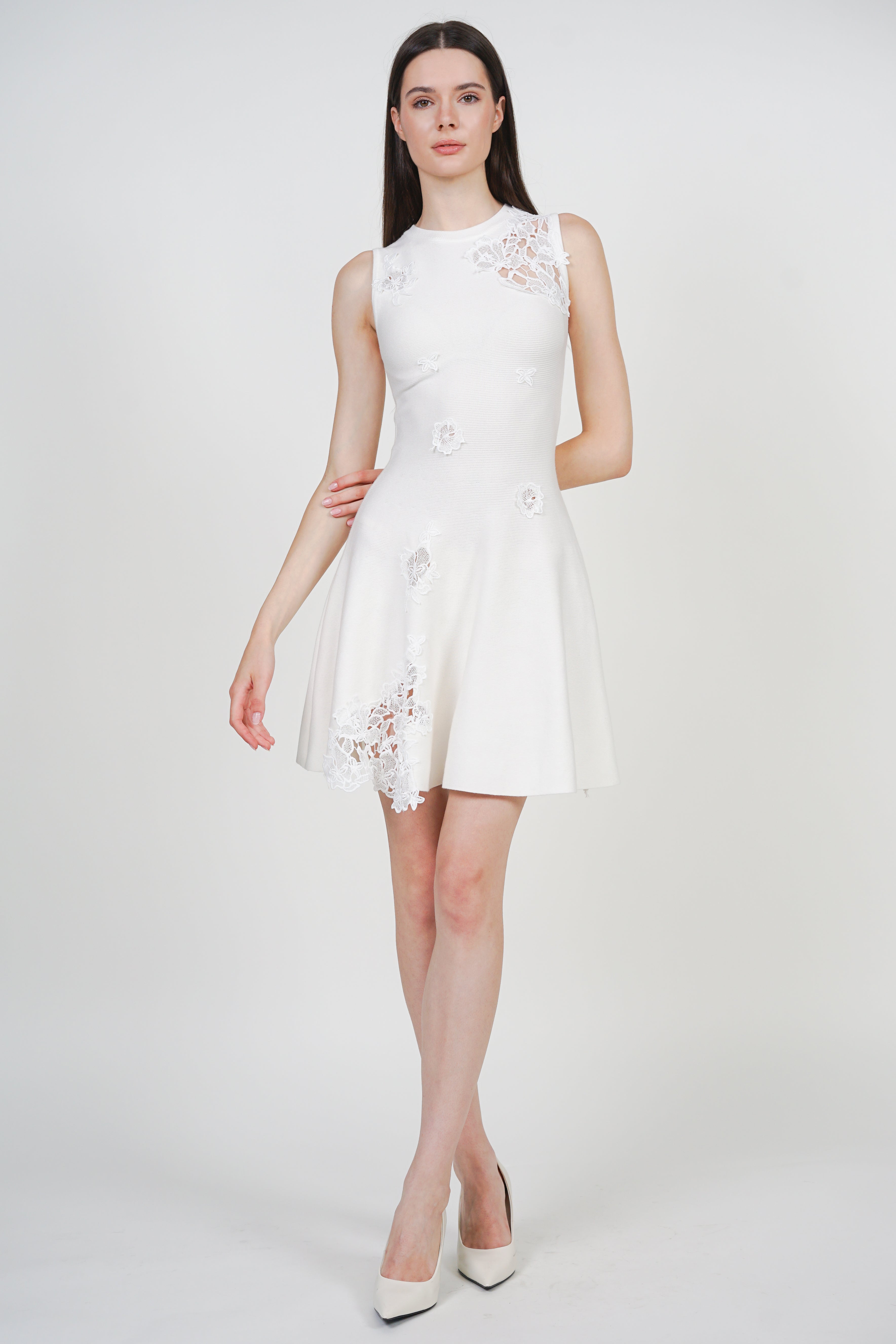 Knit Lace Crochet Flare Dress in White