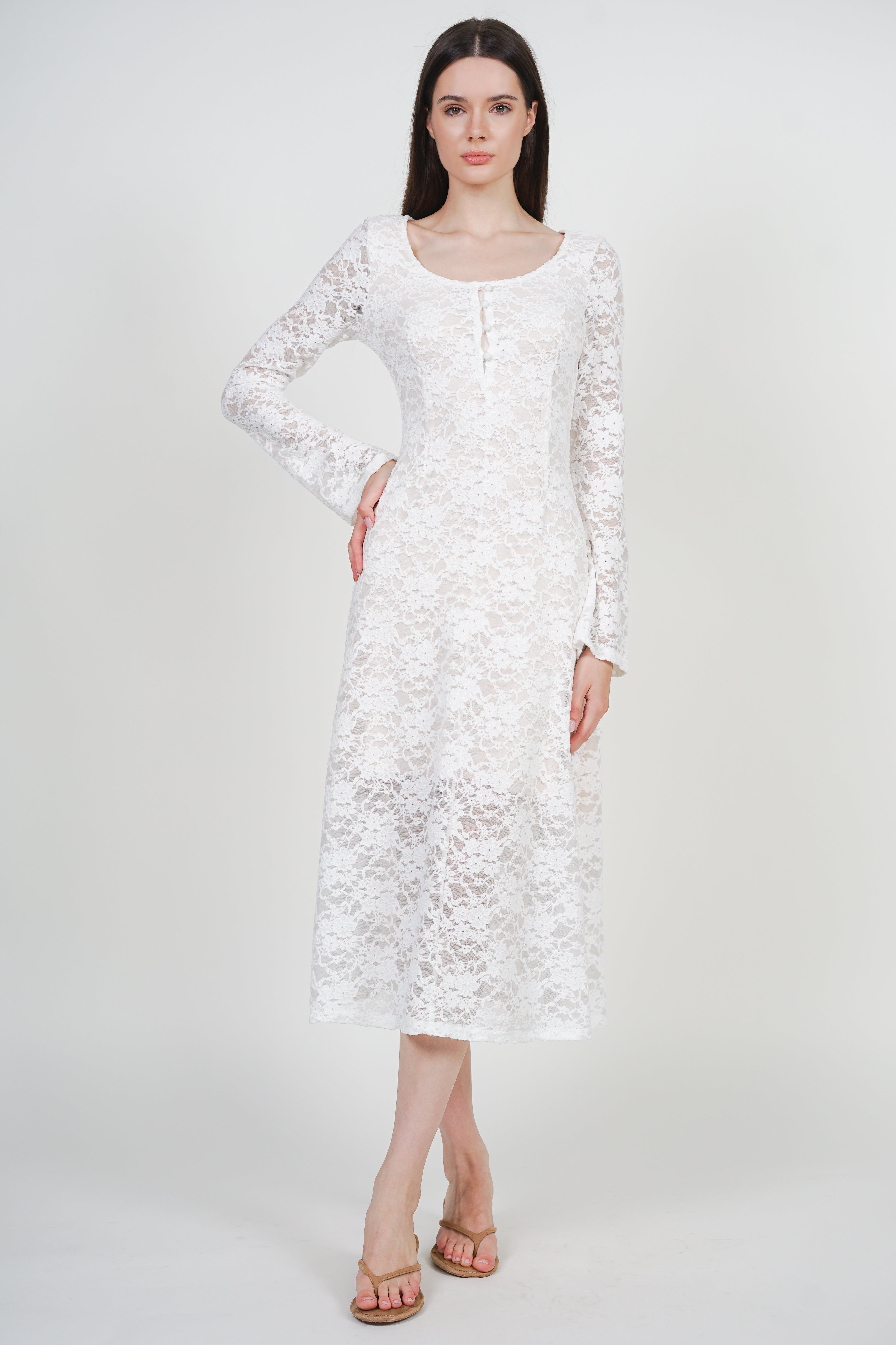 Bell Sleeve Form- Fitting Lace Long Dress in Ivory White