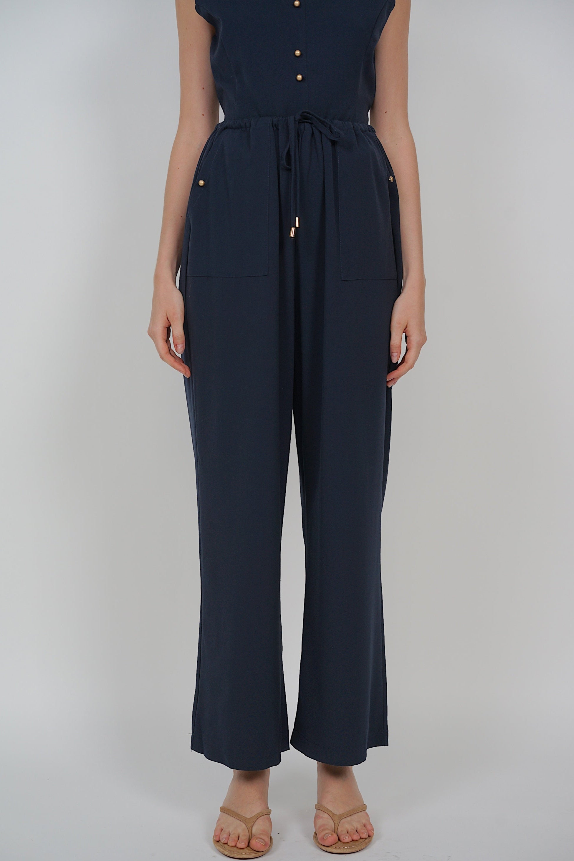 Drawstring Flare Hem Pants in Midnight