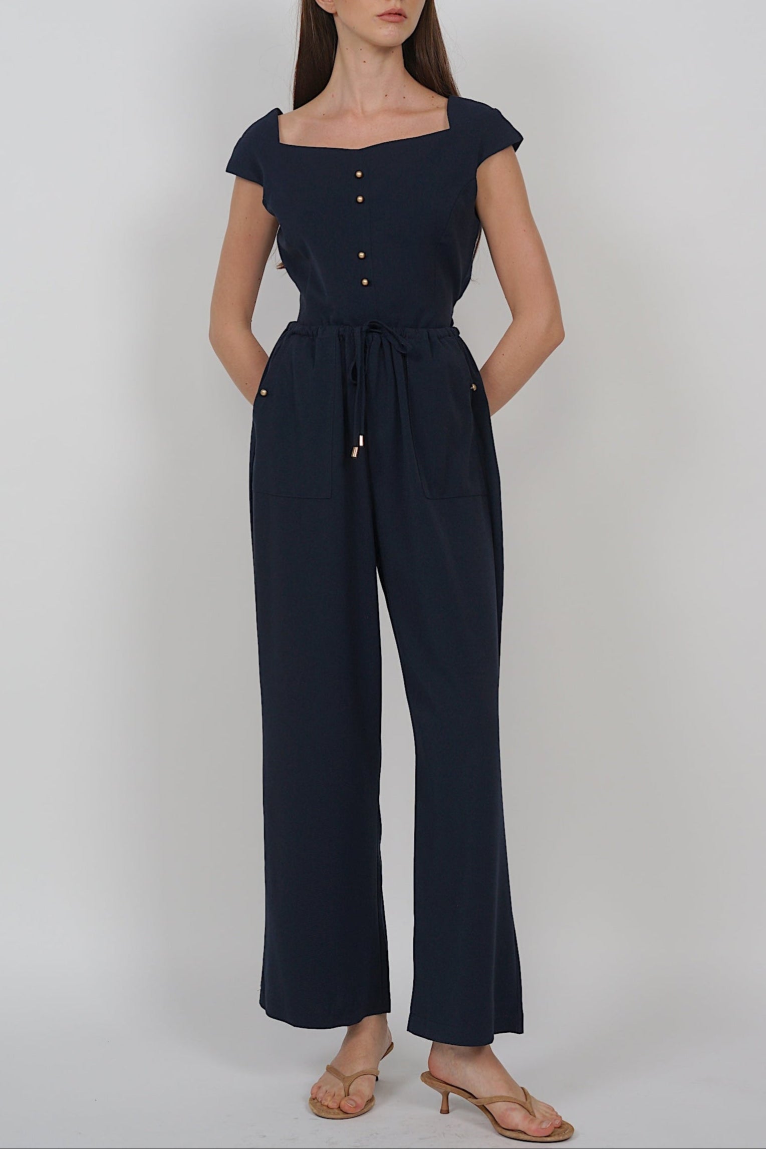 Drawstring Flare Hem Pants in Midnight