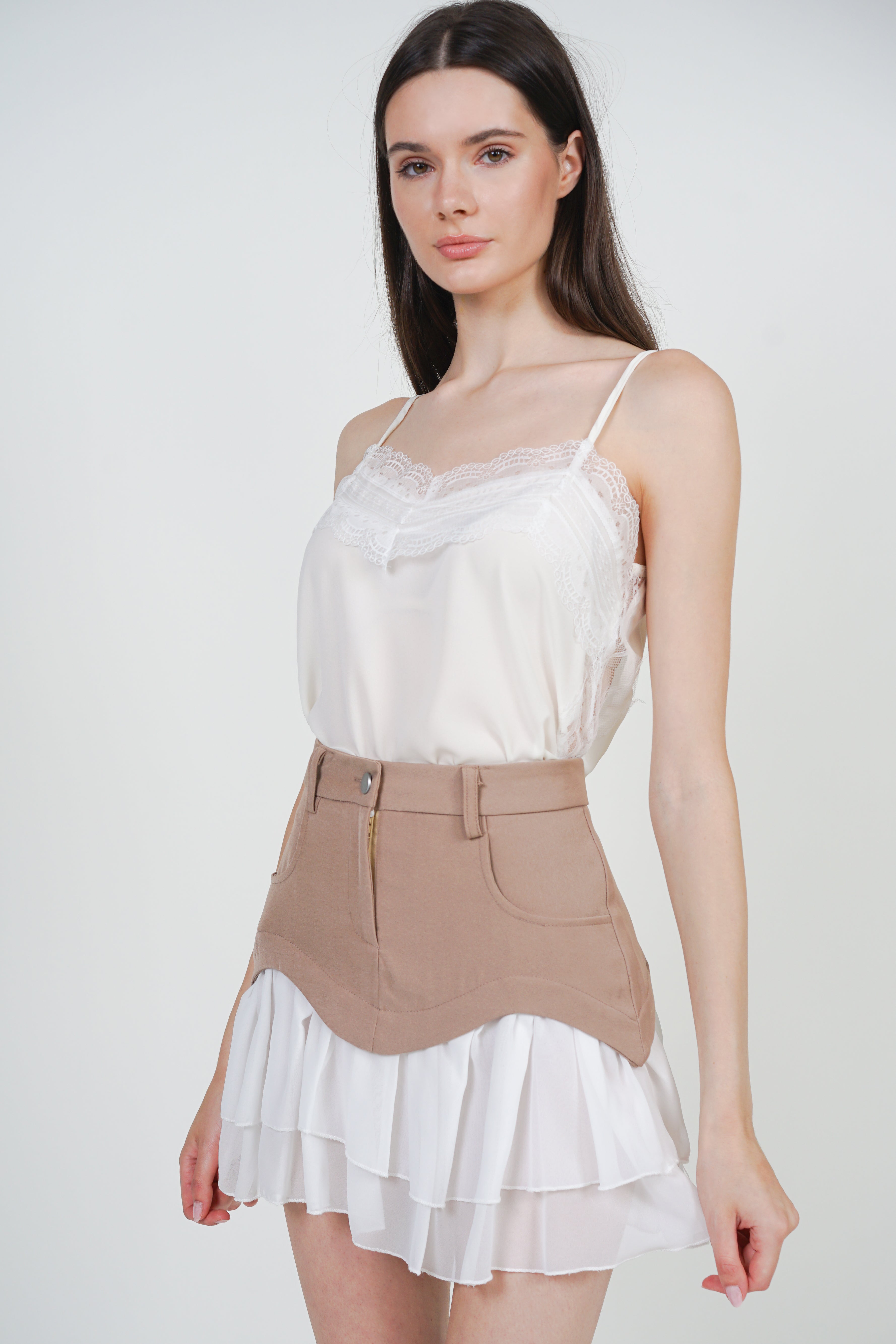 Flared Tiered Ruffle Skirt in Khaki