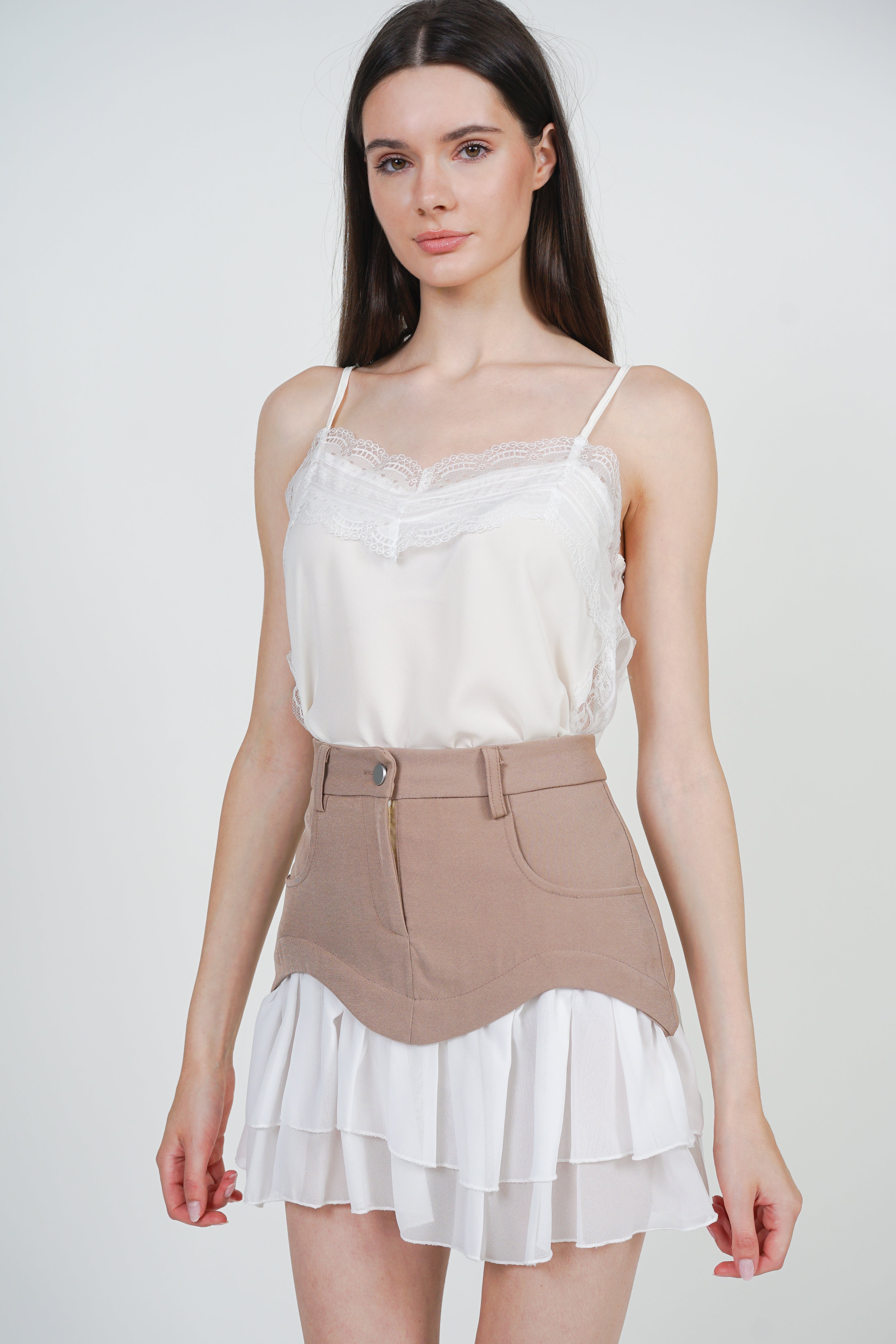 Flared Tiered Ruffle Skirt in Khaki