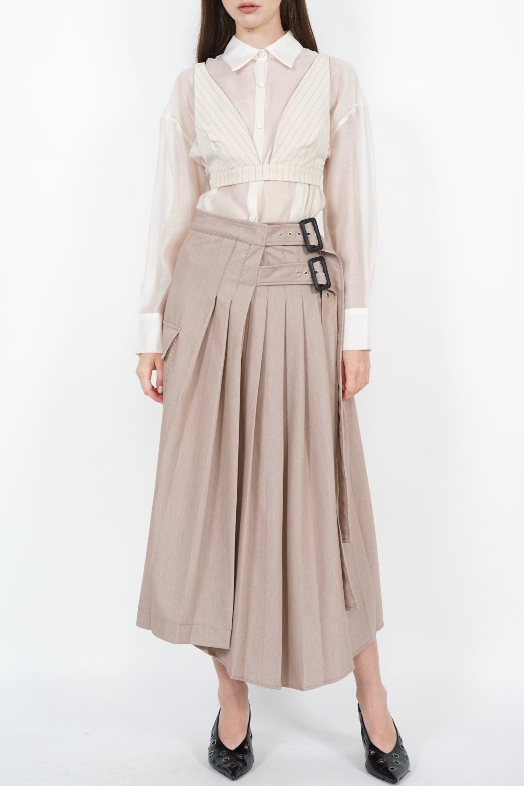 Pleated Buckle Midi Skirt in Khaki