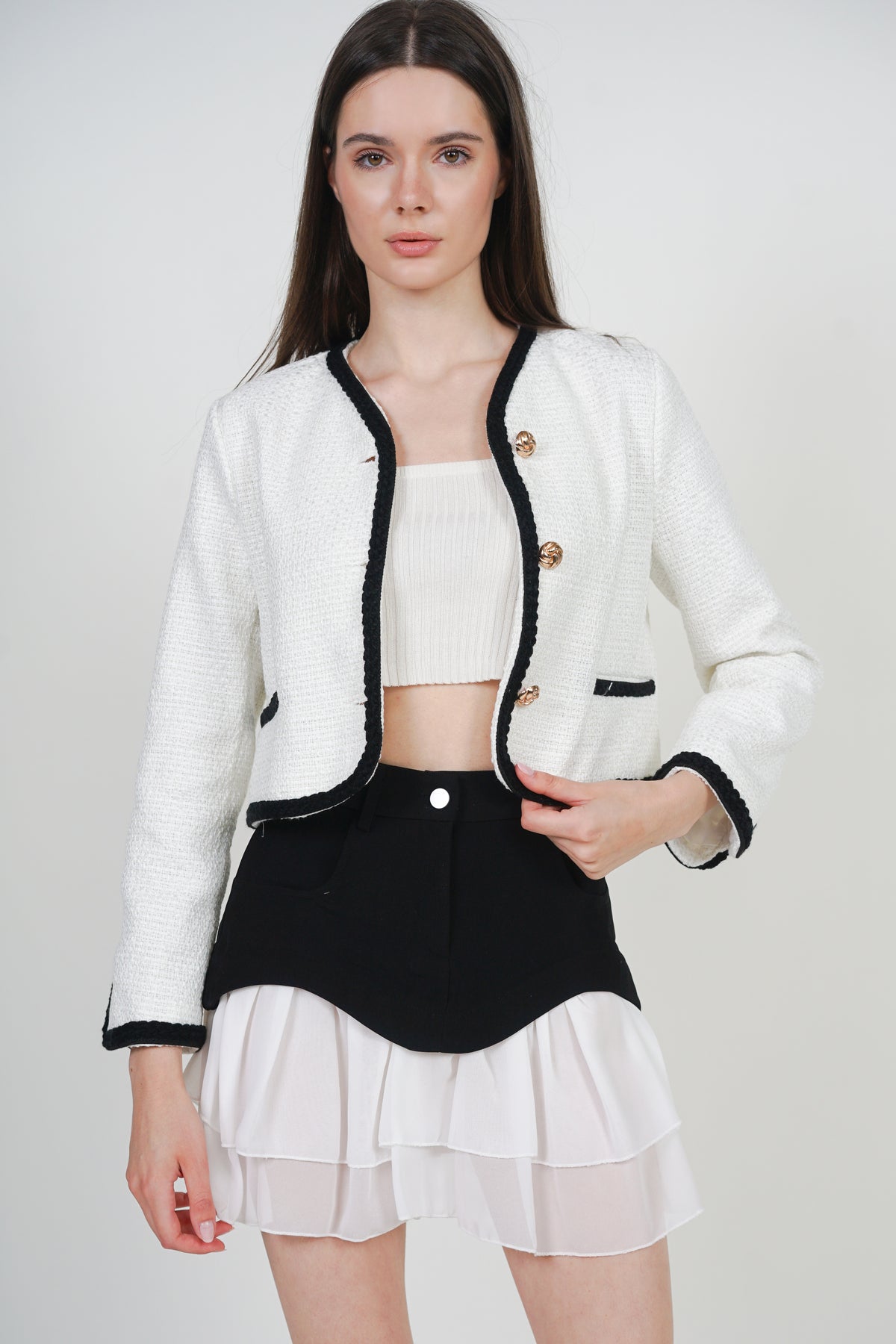 Boucle Tweed Jacket in White Black