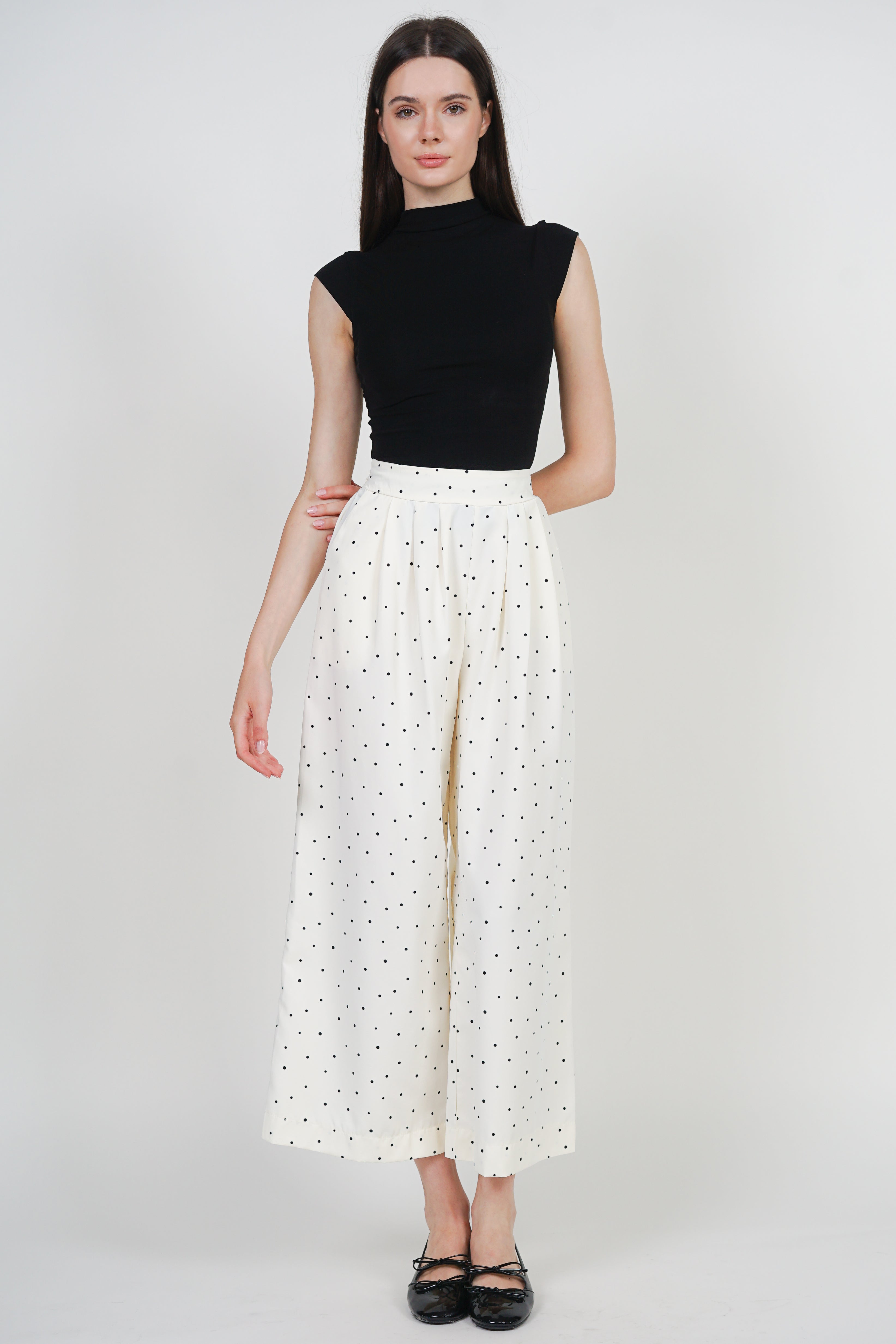 Straight Wide Leg Pants in White Polka Dots