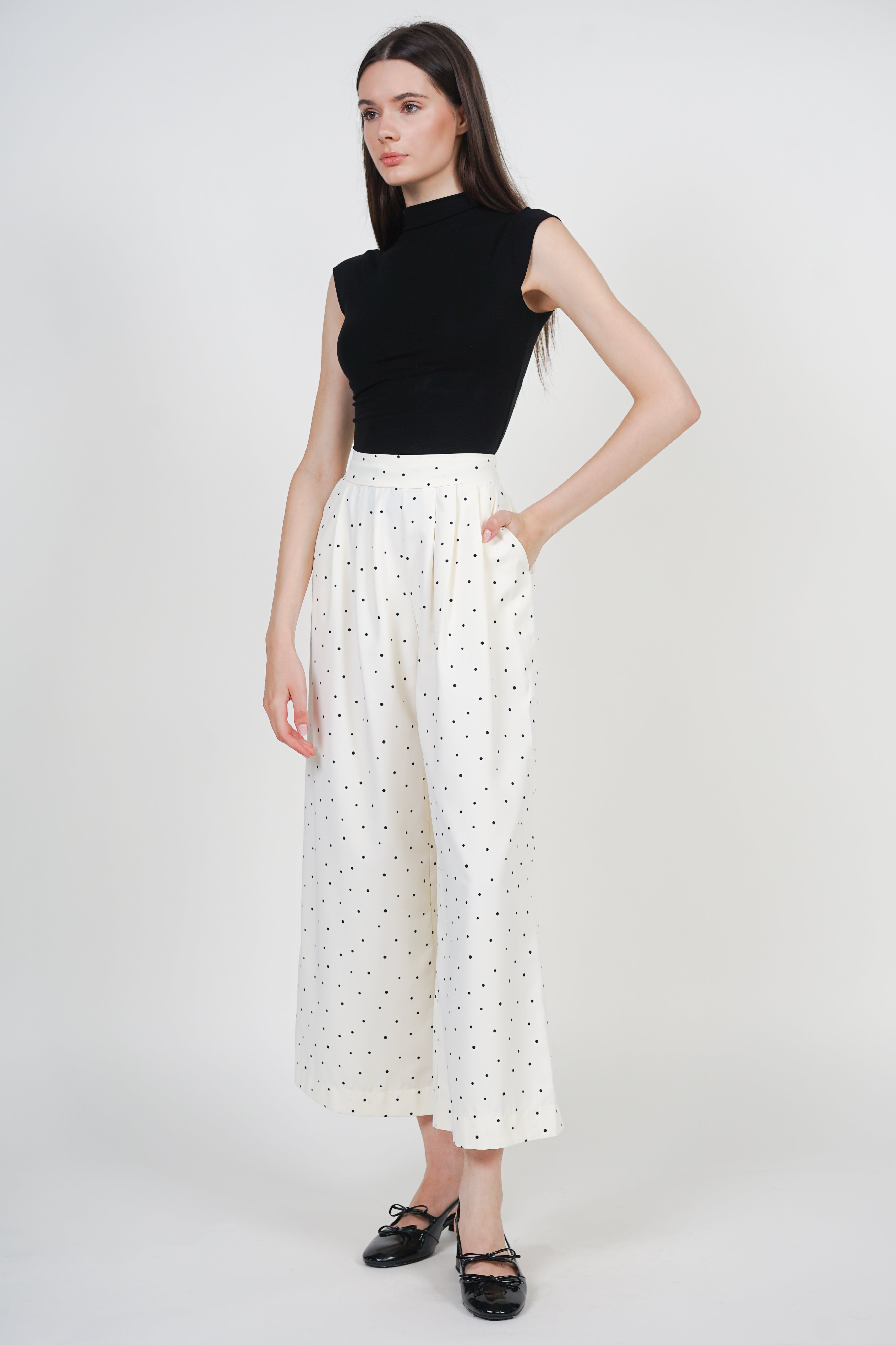 Straight Wide Leg Pants in White Polka Dots