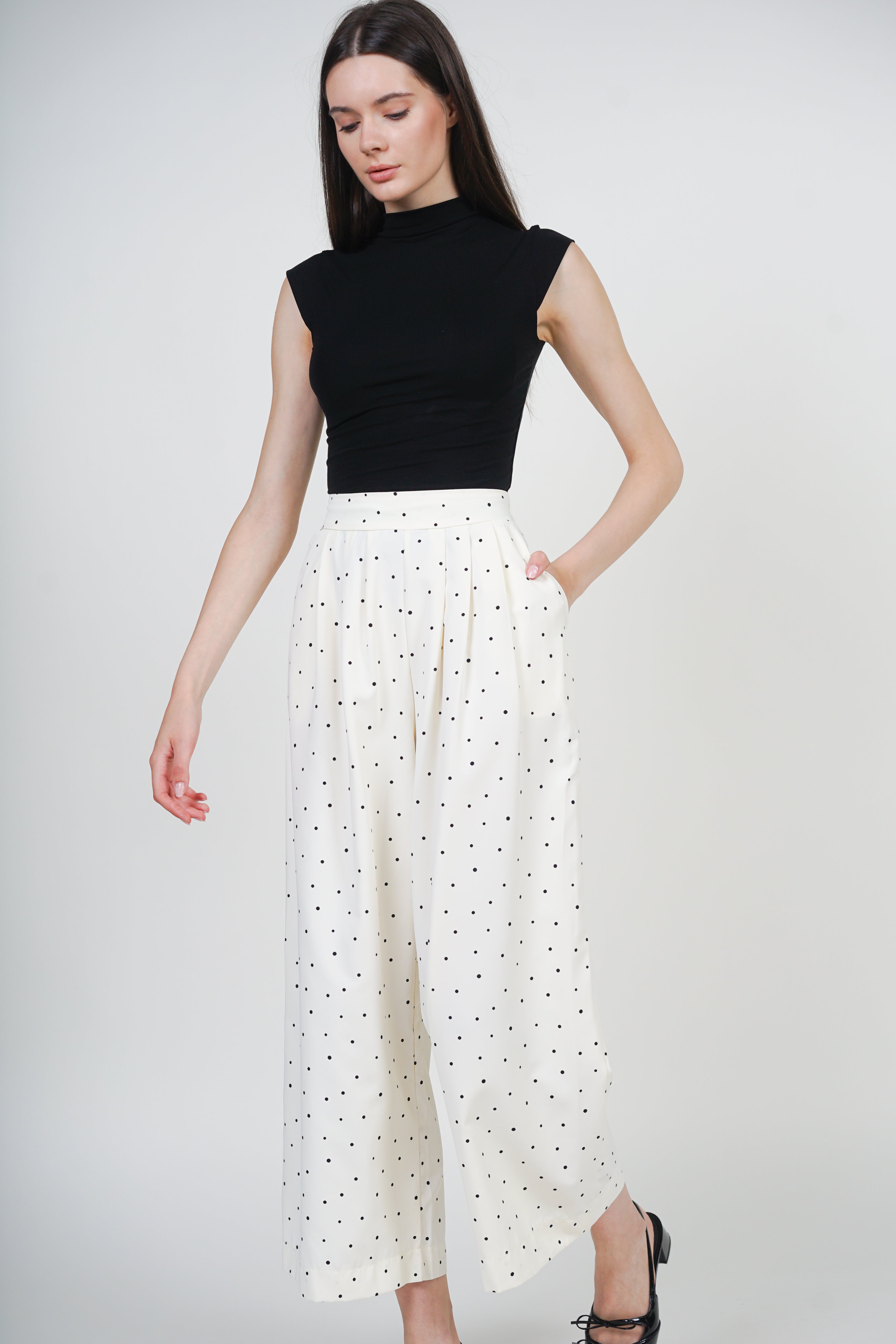 Straight Wide Leg Pants in White Polka Dots