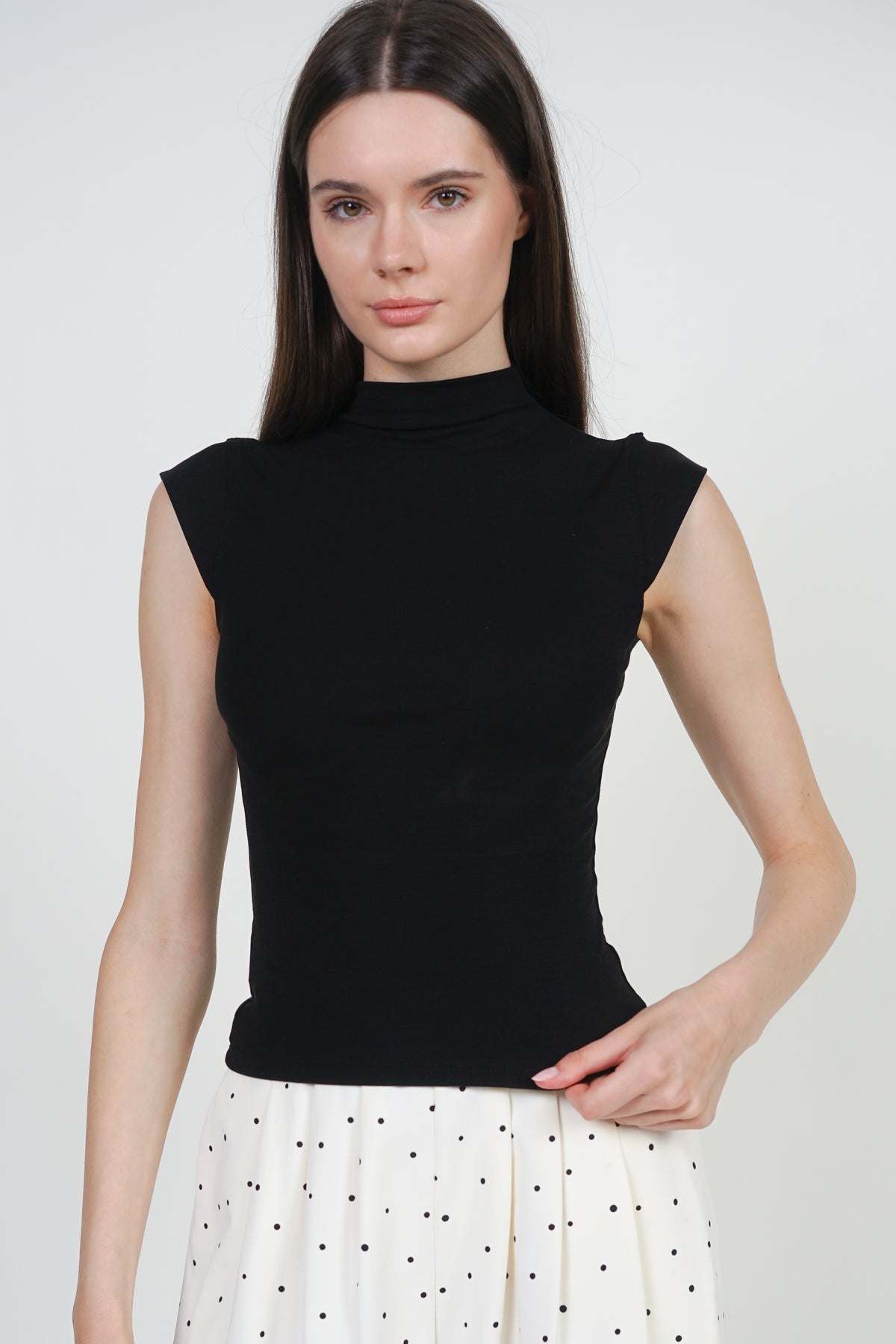 Turtleneck Cap Sleeve Top in Black