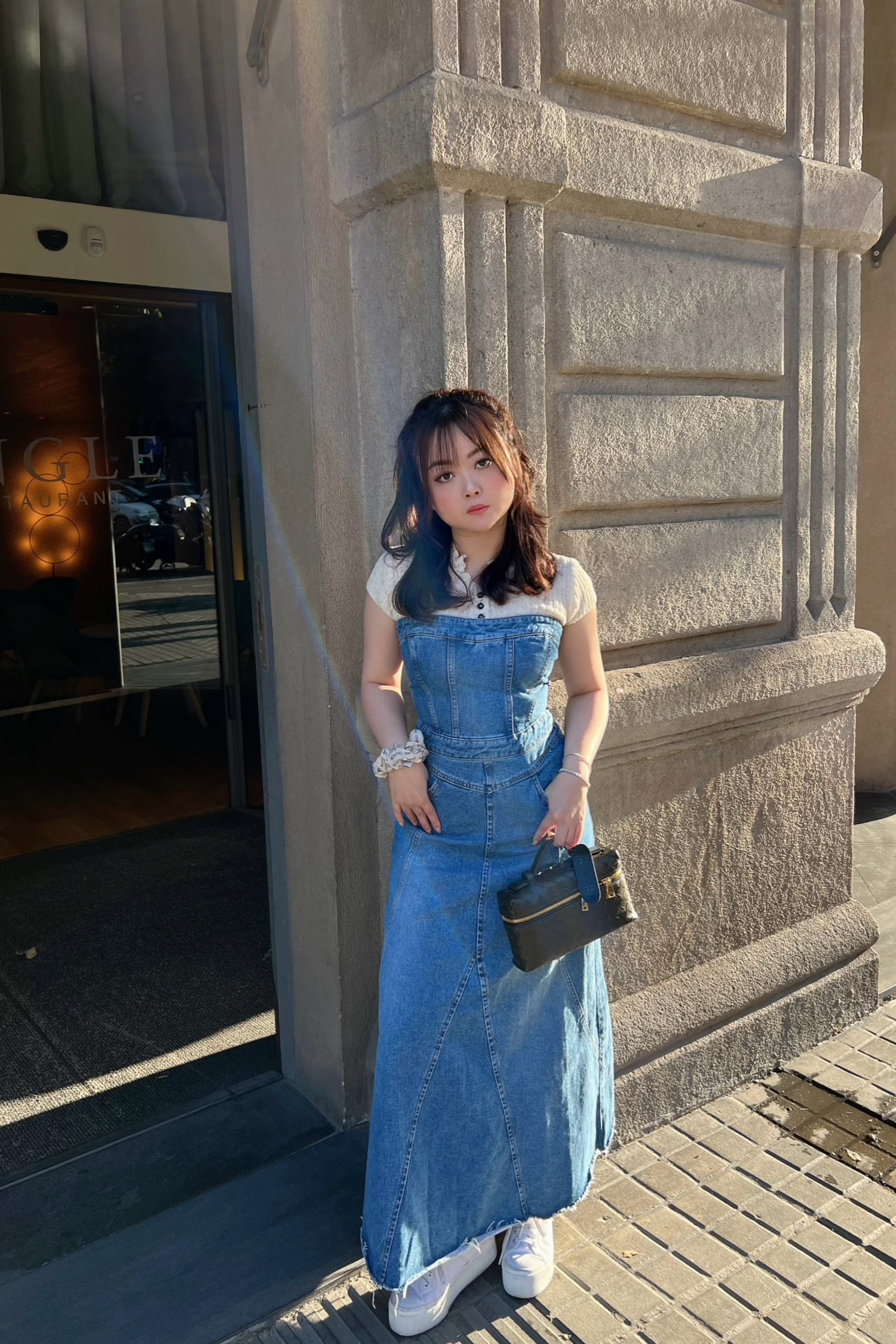 2-Way Panel Midi Denim Dress in Blue