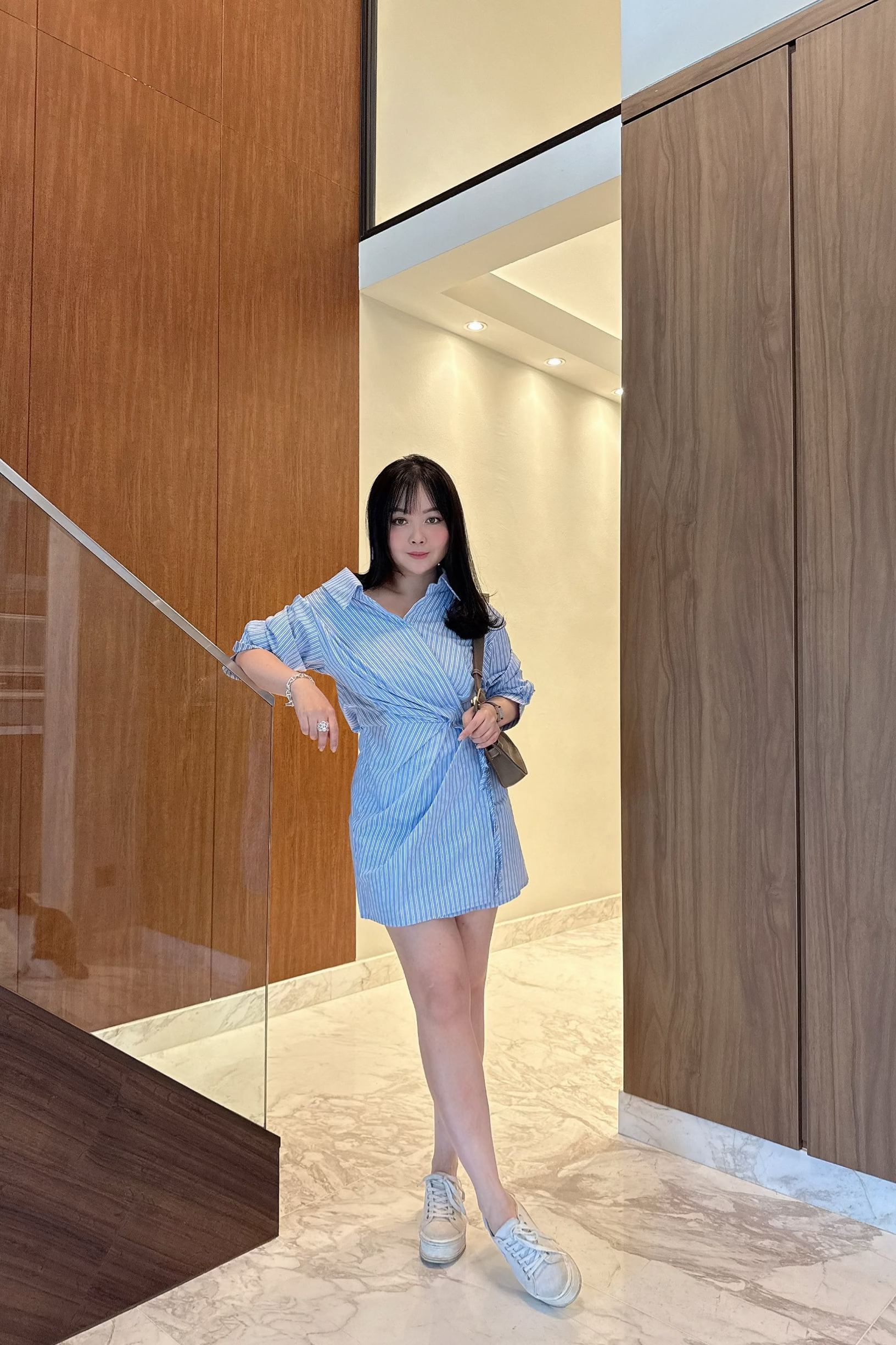 Collar Mini Wrap Dress in Blue Stripes