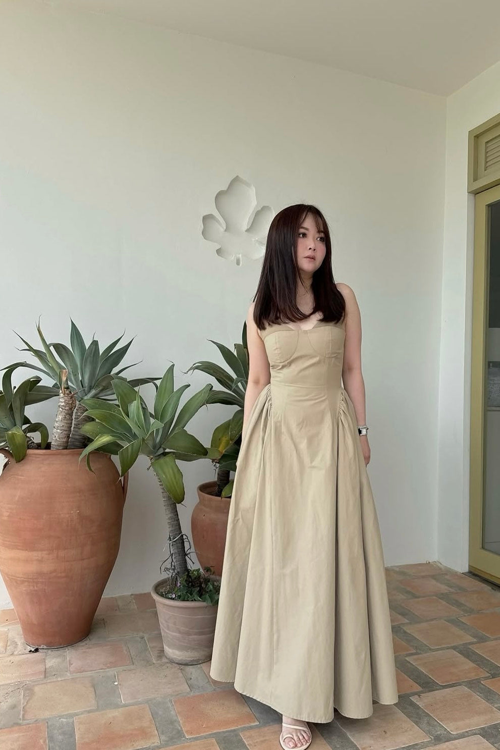 Bustier Gathered Dress in Khaki