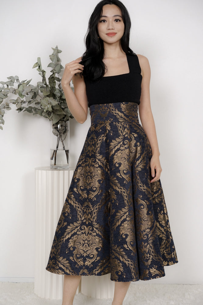 Petria Jacquard Midi Skirt in Midnight Damask