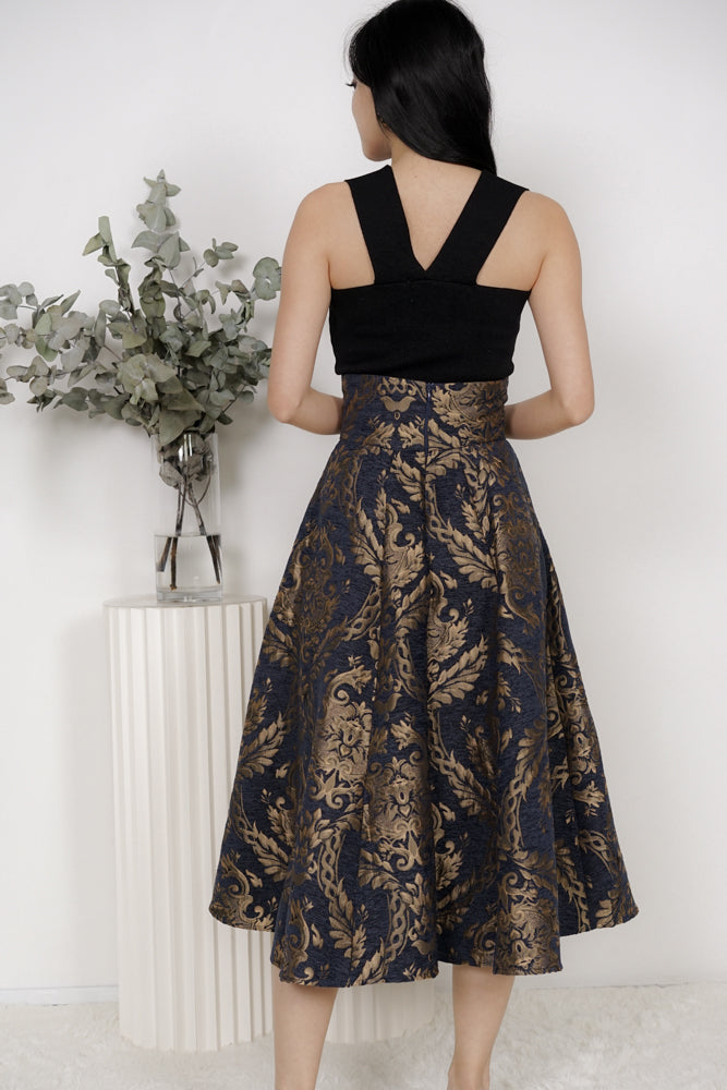 Petria Jacquard Midi Skirt in Midnight Damask