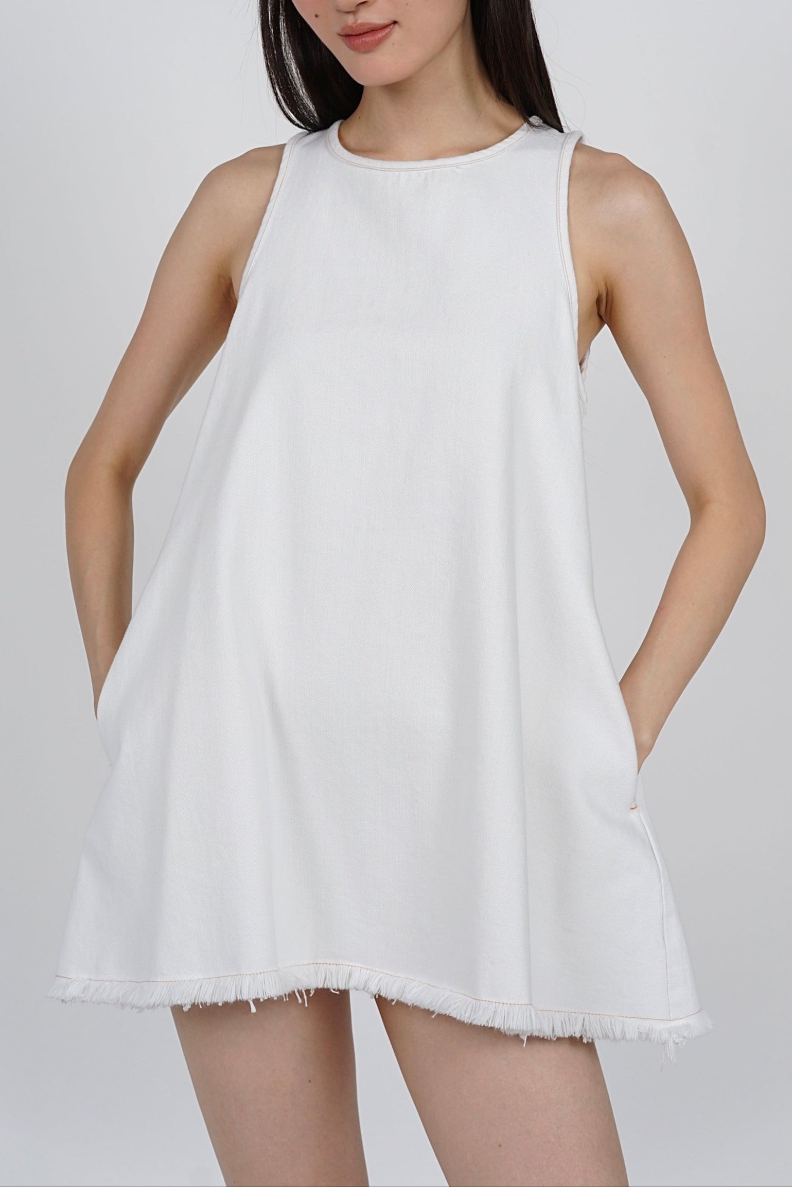 Sleeveless A-Line Flare Dress in Denim White Sleeveless A-Line Flare Dress in Denim White