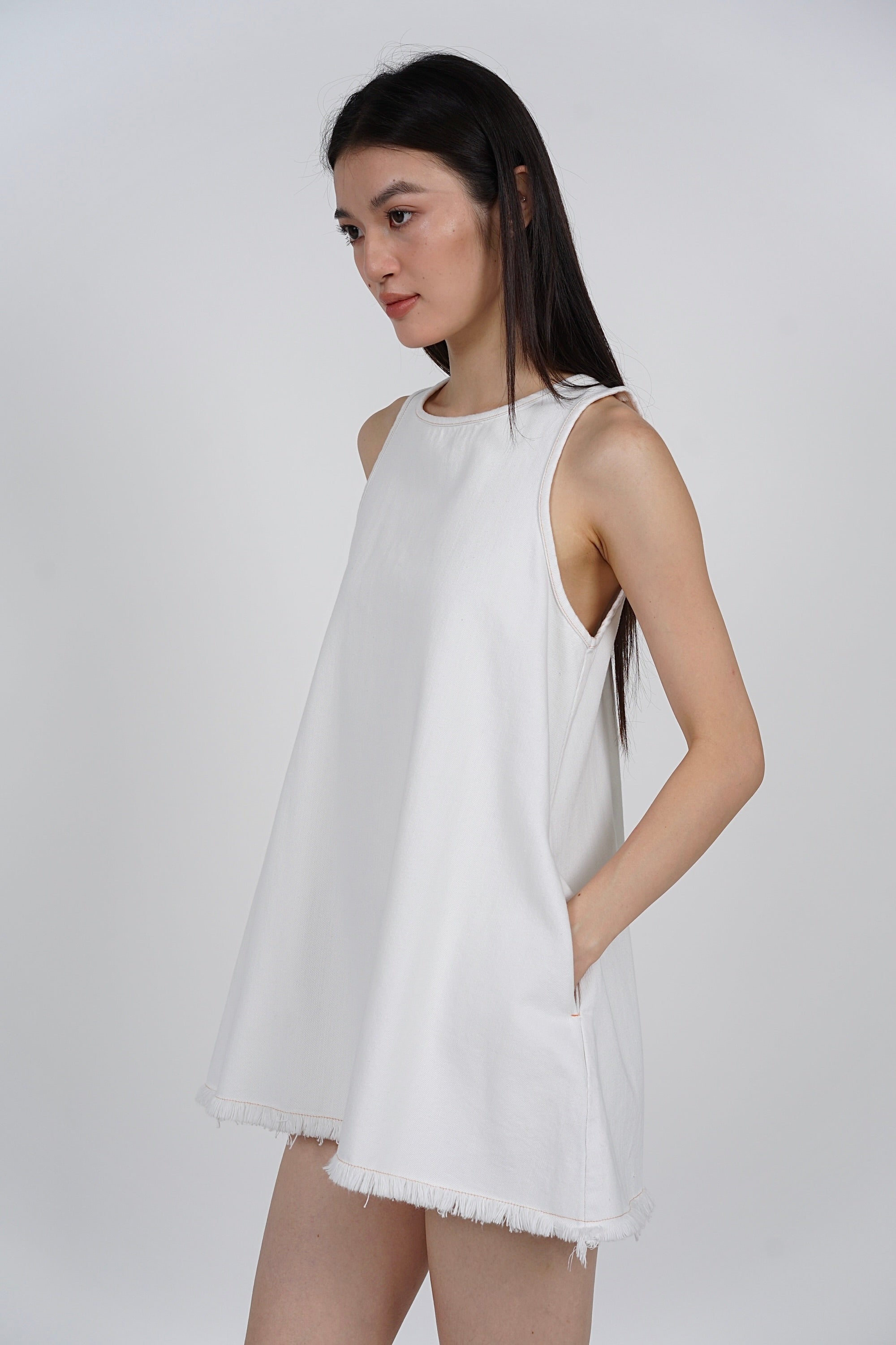 Sleeveless A-Line Flare Dress in Denim White