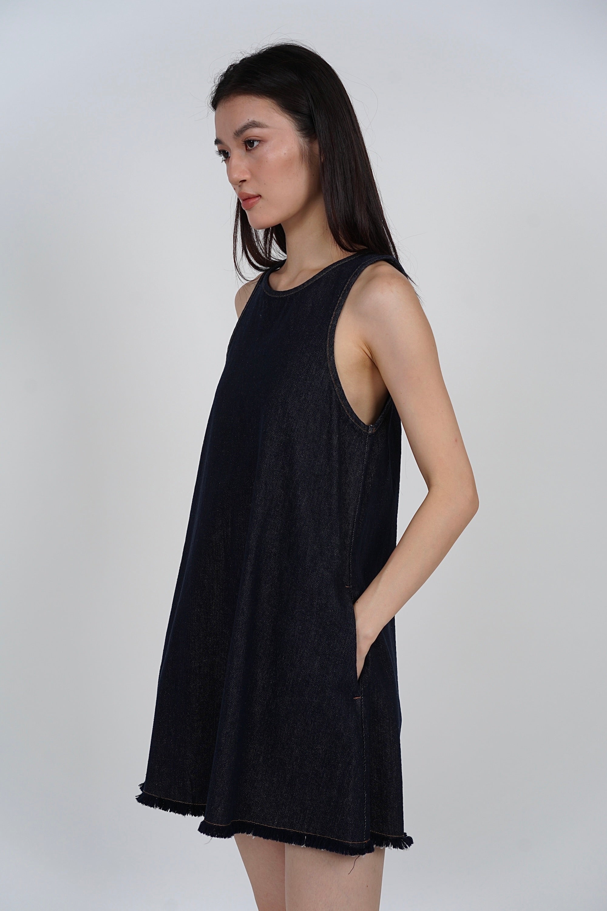 Sleeveless A-Line Flare Dress in Denim Blue