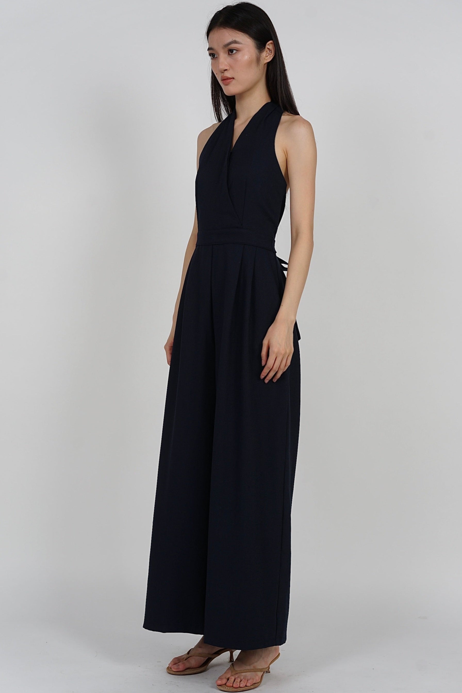 Bare-Back Wrap Jumpsuit in Midnight