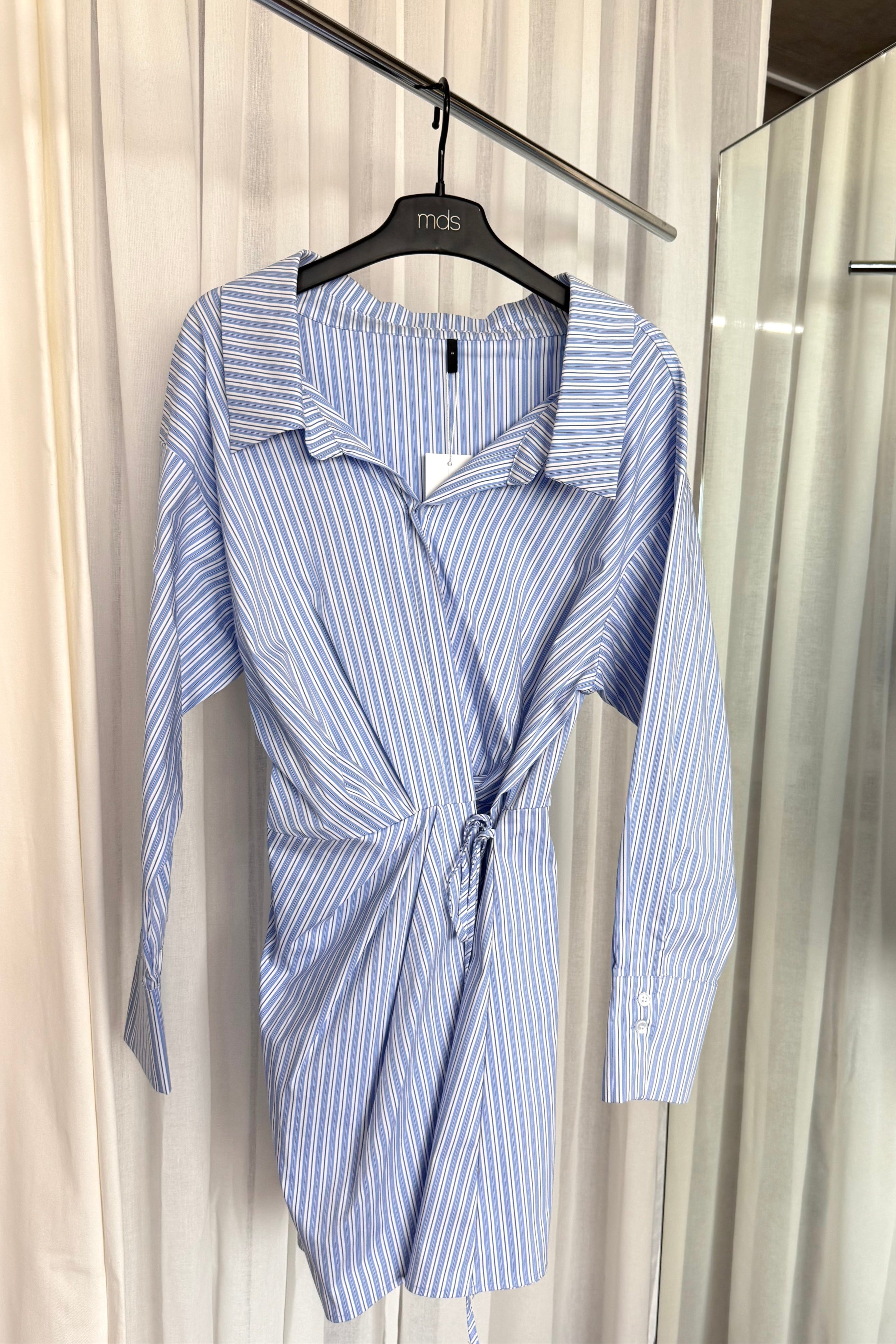 Collar Mini Wrap Dress in Blue Stripes