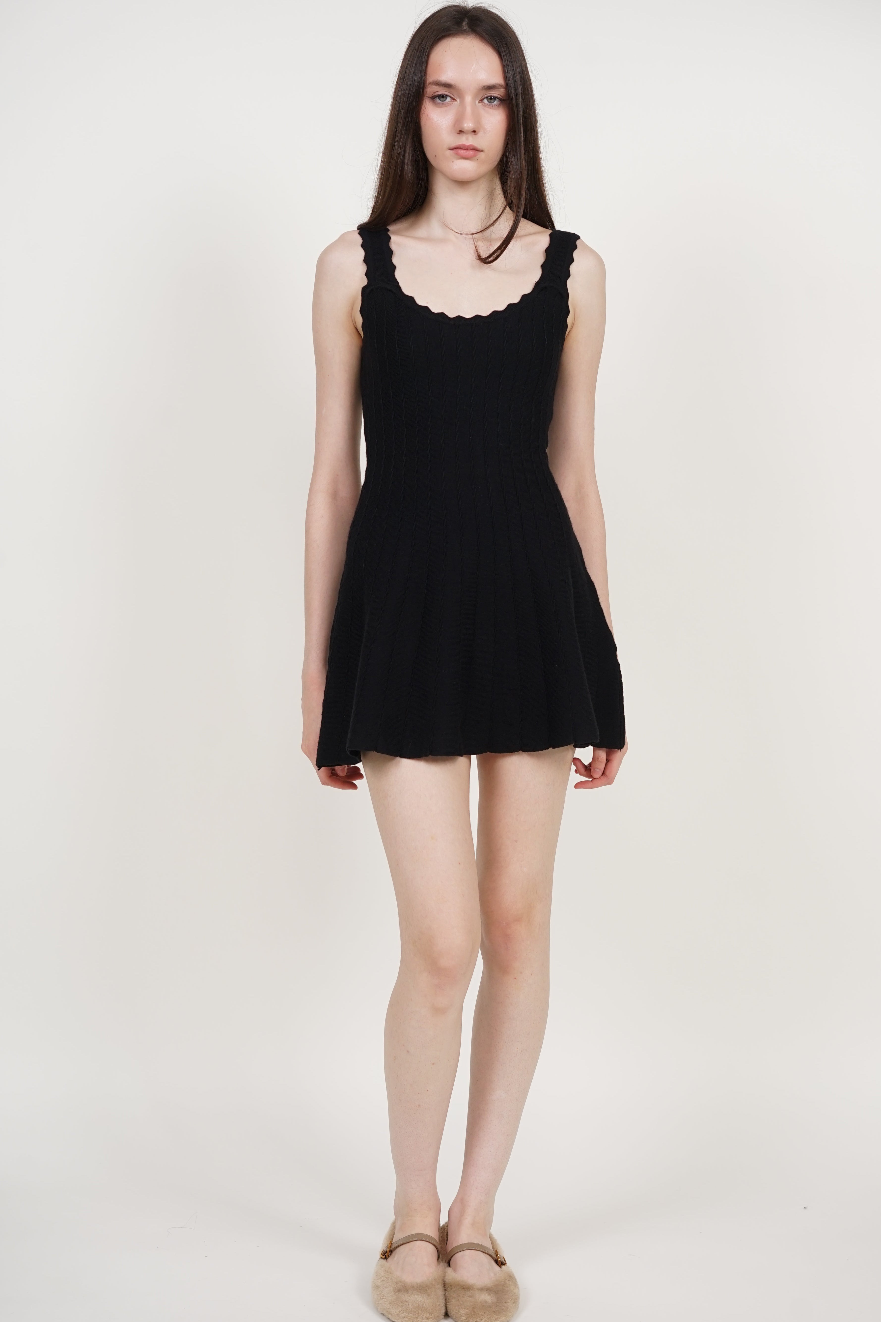 Knit Scallop Trim Flare Dress in Black