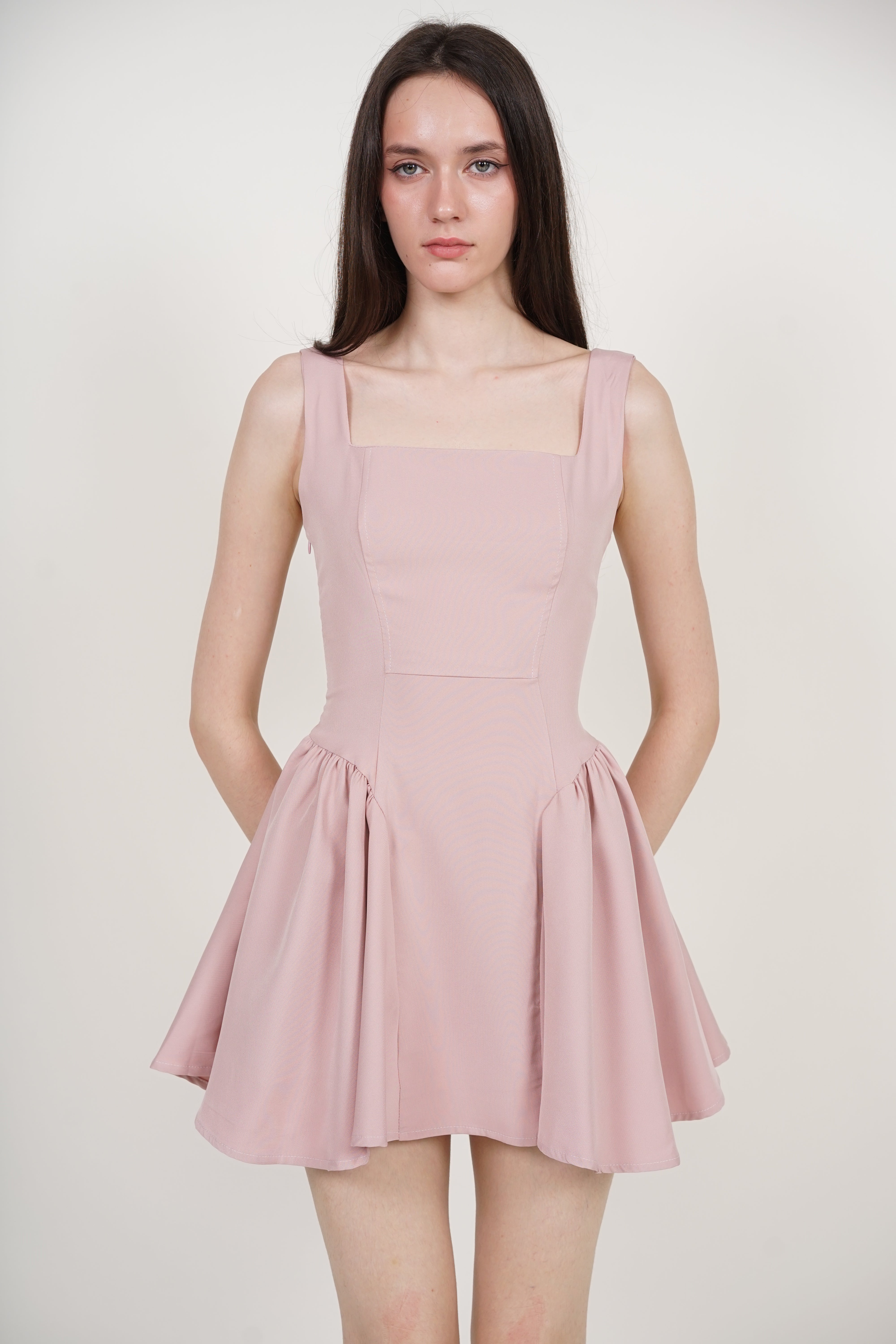 Tie Waist Back Gathered Dress in Dusty Pink