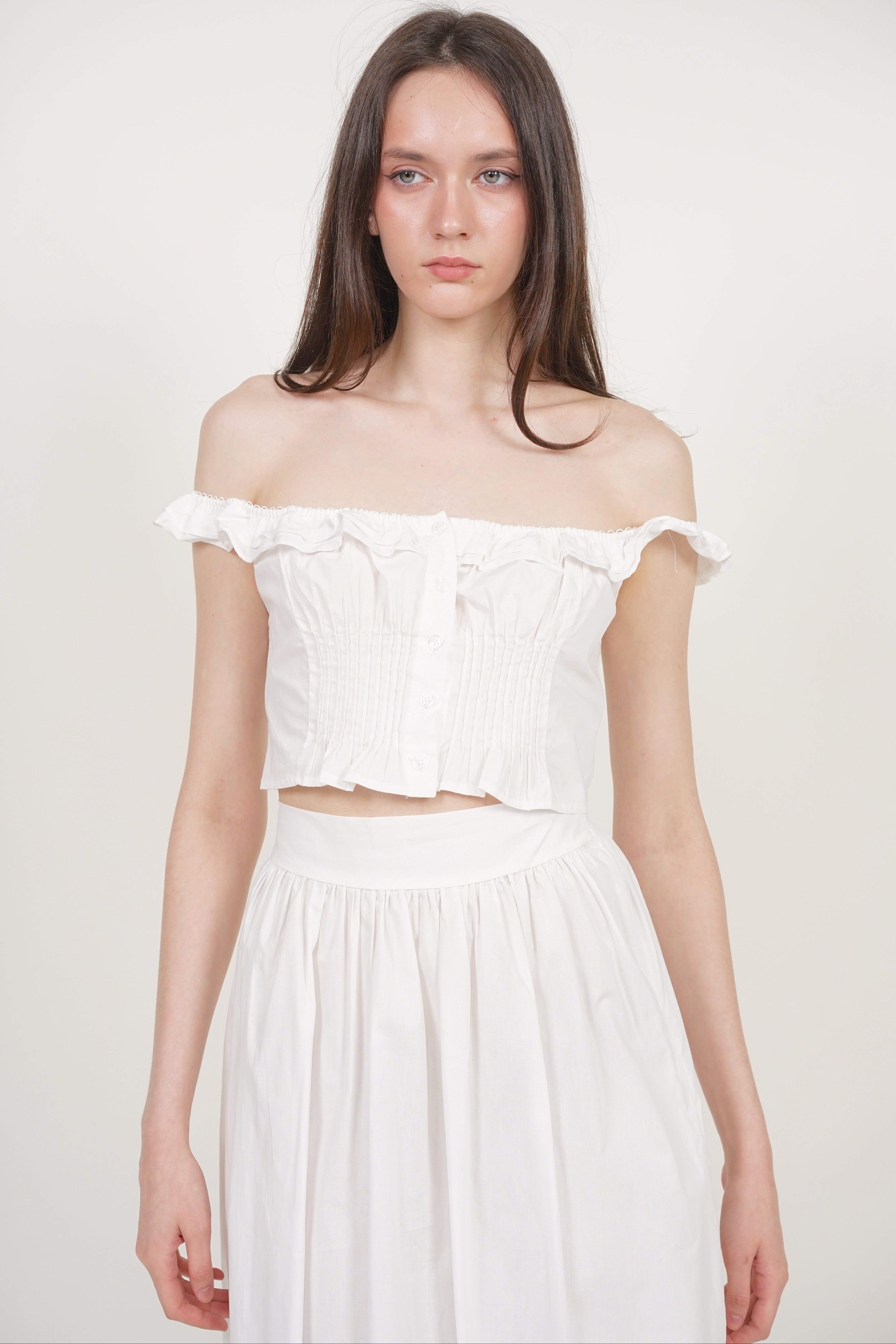 Ruffled Pintuck Strap Top in White