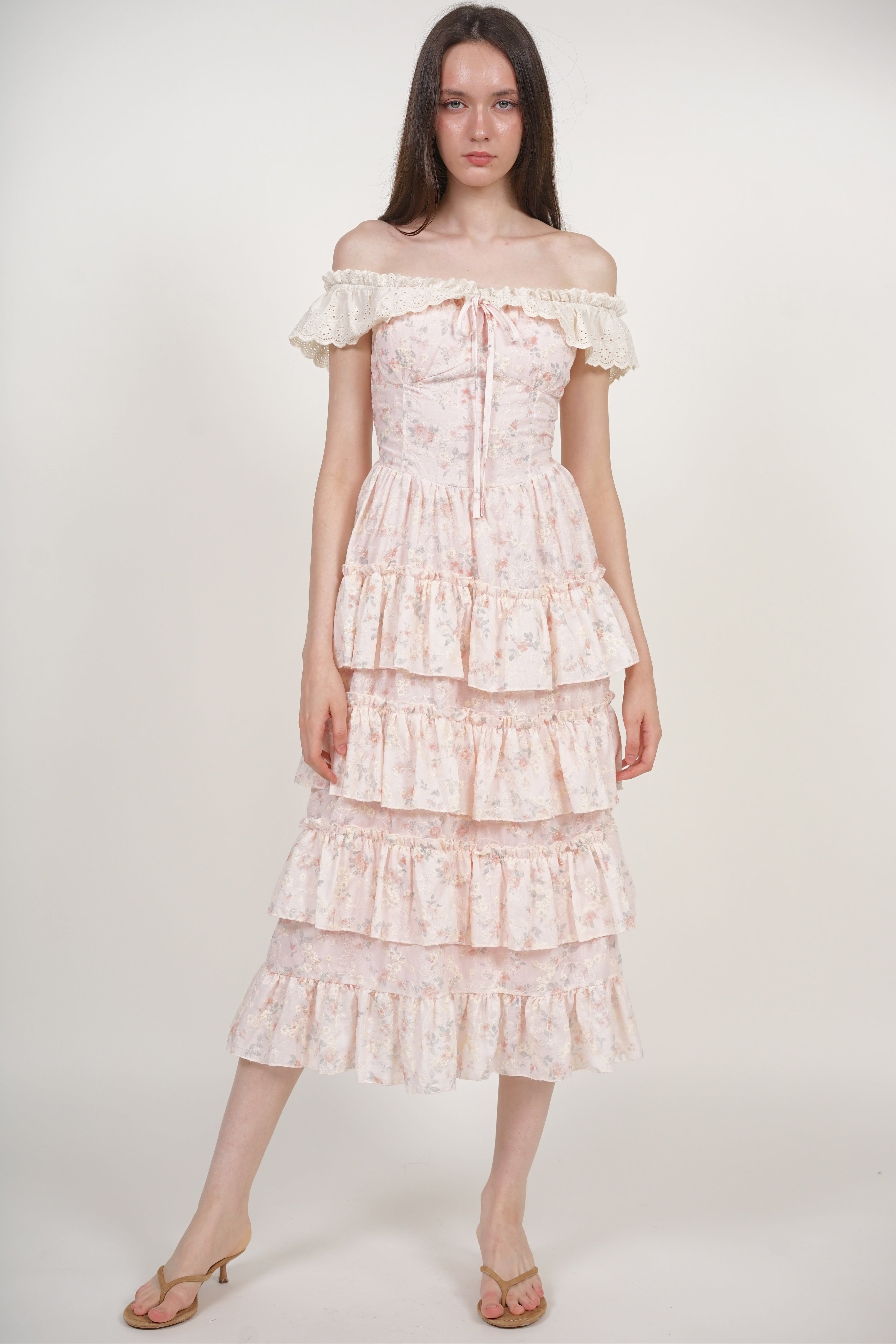 Tiered Maxi Floral Embroidery Dress in Pink