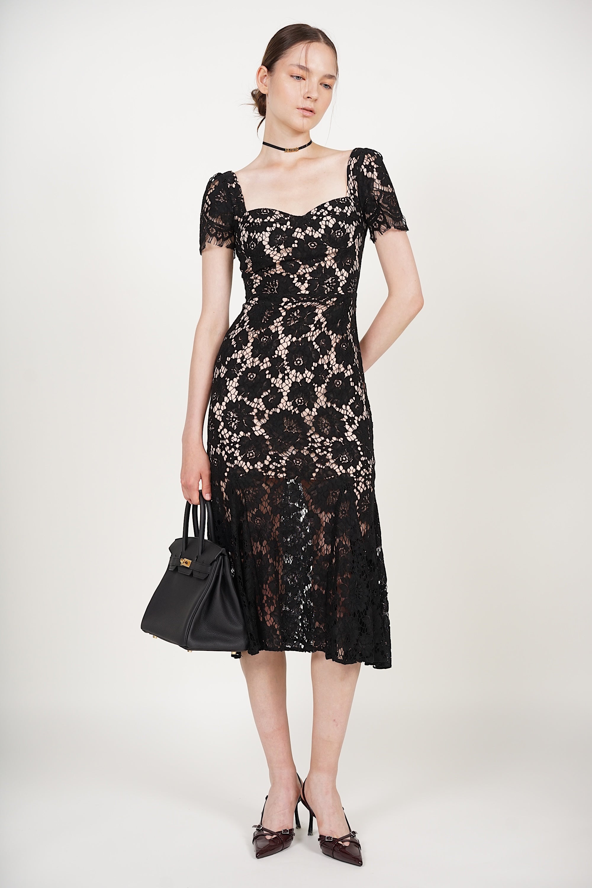 Bustier Midi Dress in Black Lace