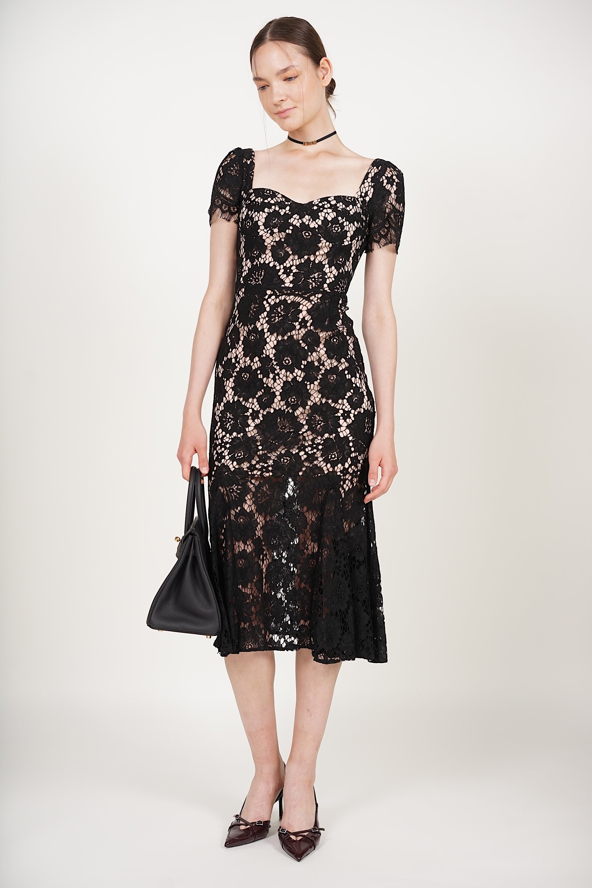 Bustier Midi Dress in Black Lace