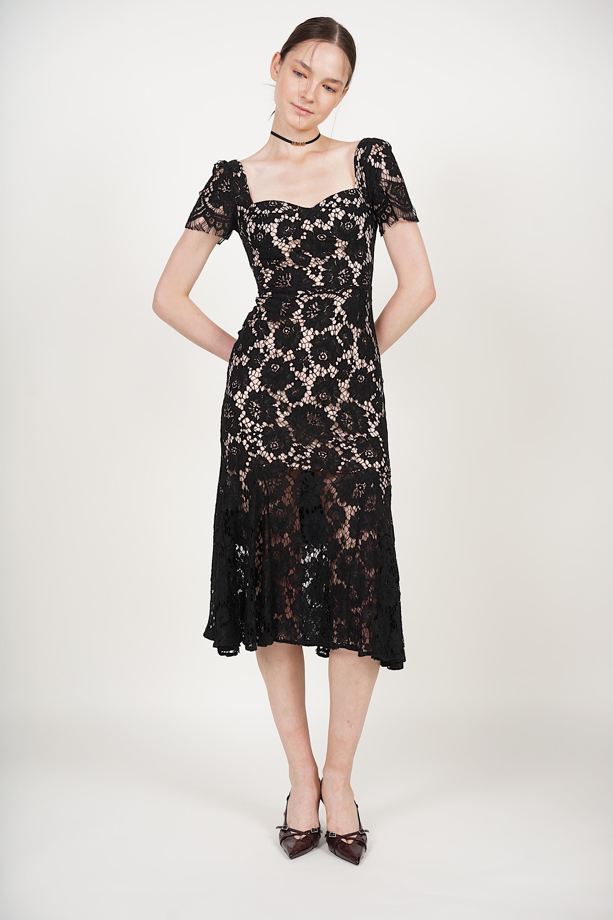 Bustier Midi Dress in Black Lace