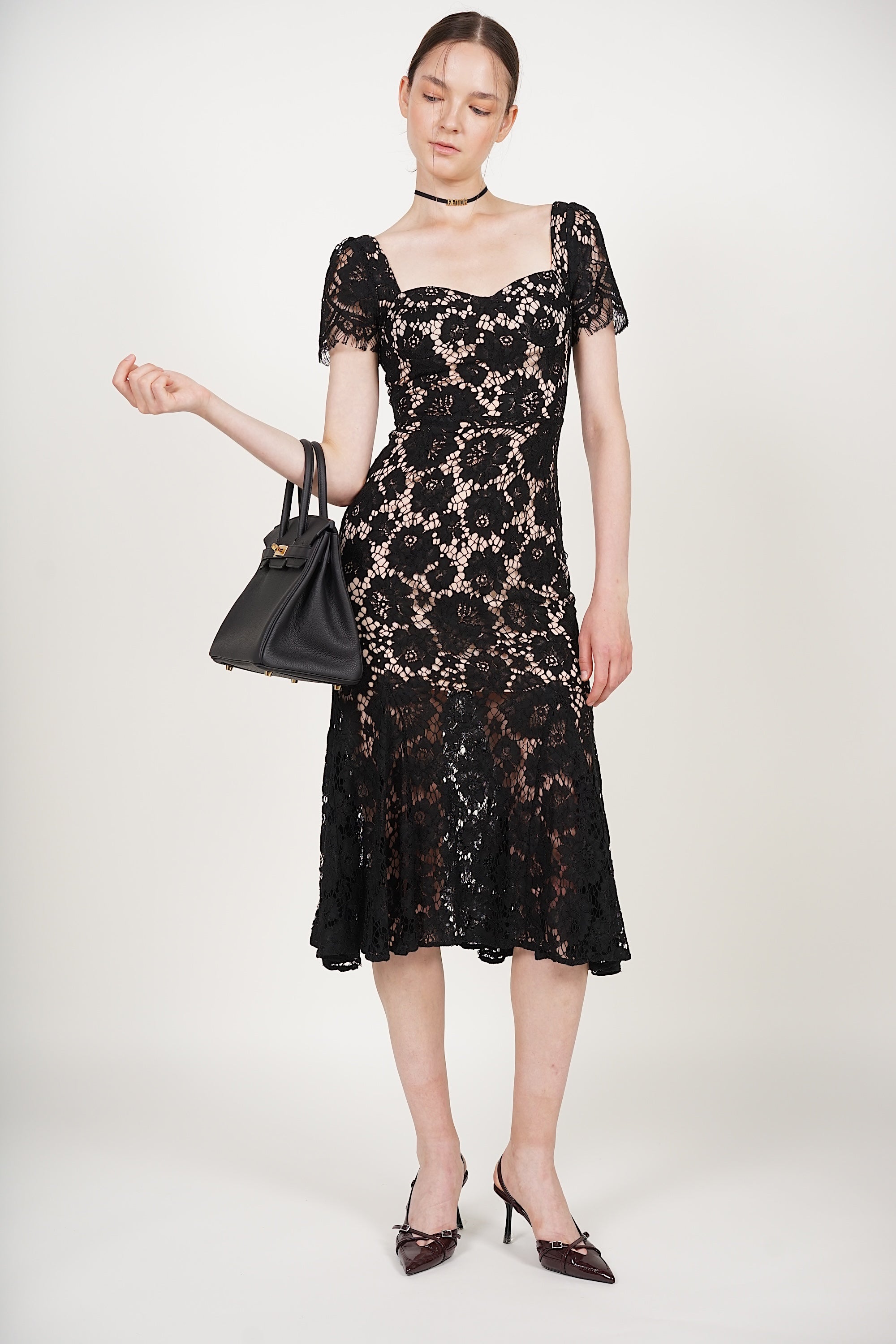 Bustier Midi Dress in Black Lace