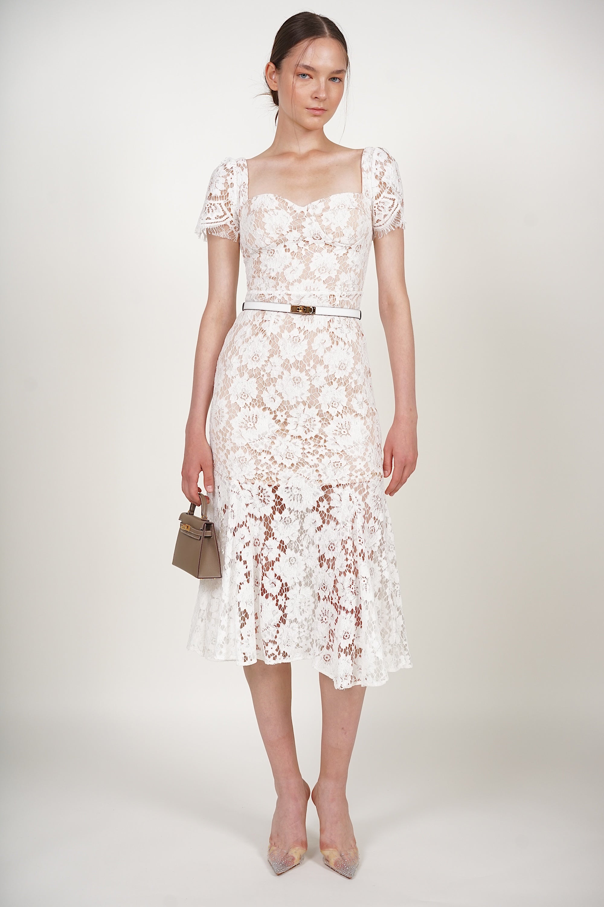 Bustier Midi Dress in White Lace