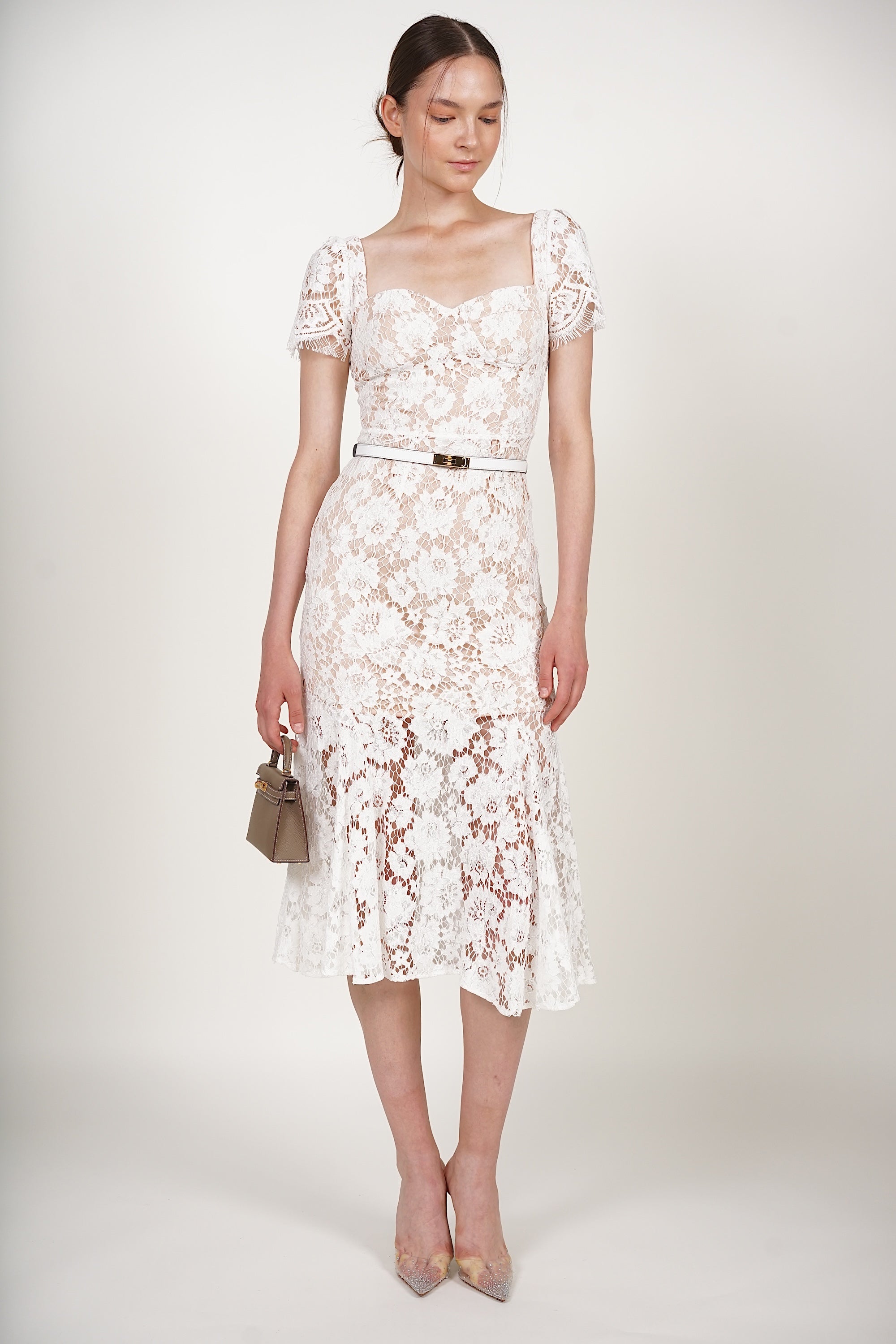 Bustier Midi Dress in White Lace