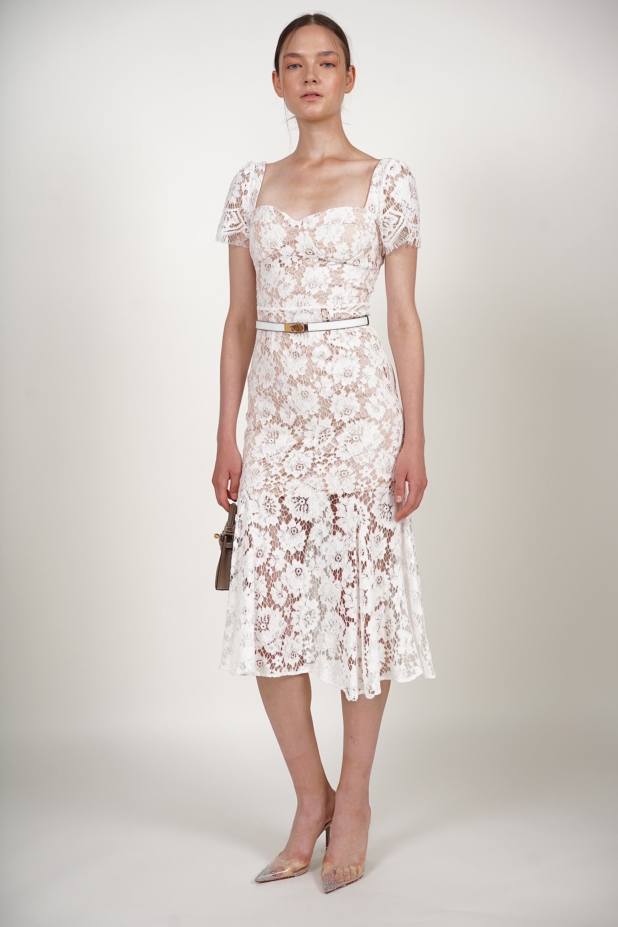 Bustier Midi Dress in White Lace