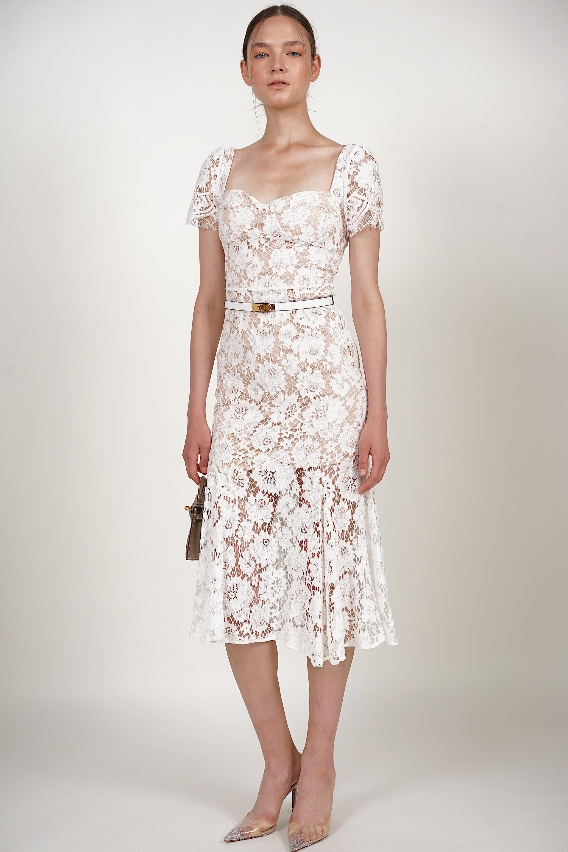 Bustier Midi Dress in White Lace