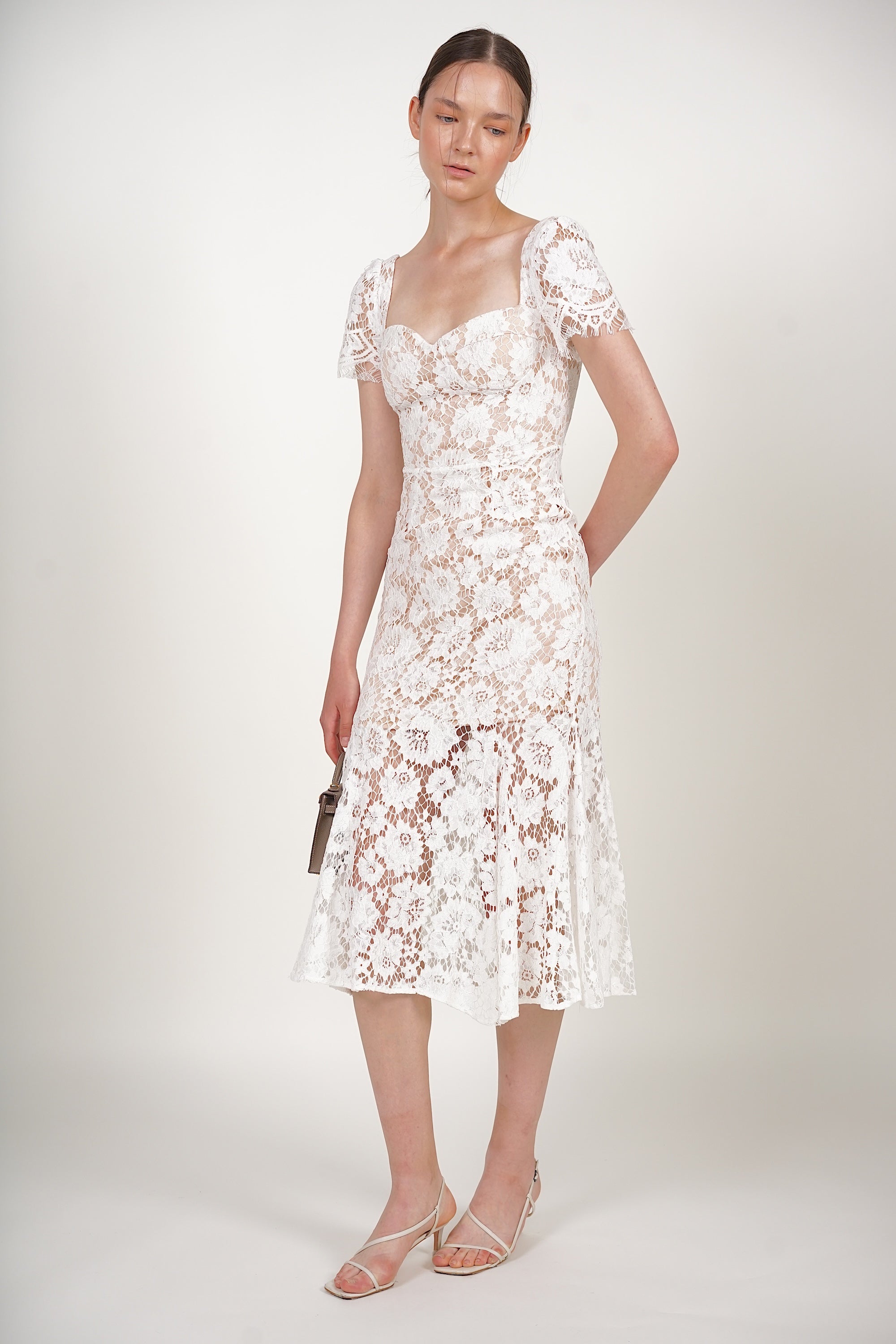 Bustier Midi Dress in White Lace